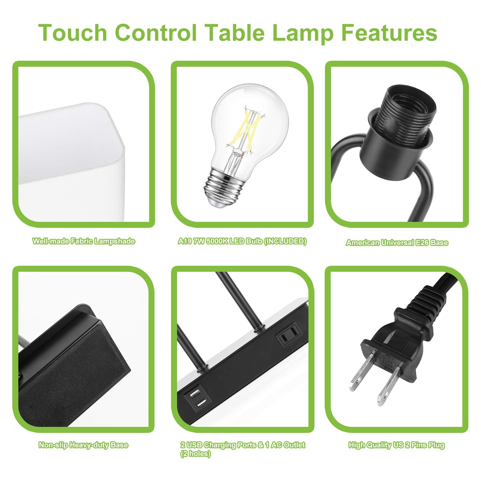 Lakumu Bedside Touch Control Table Lamp With Dual Usb Charging Ports 1 Ac Outlet, 3 Way Dimmable Modern Nightstand Lamp With White Fabric Shade, Desk Lamp For Bedroom Living Room Office With 5000K Led Bulb