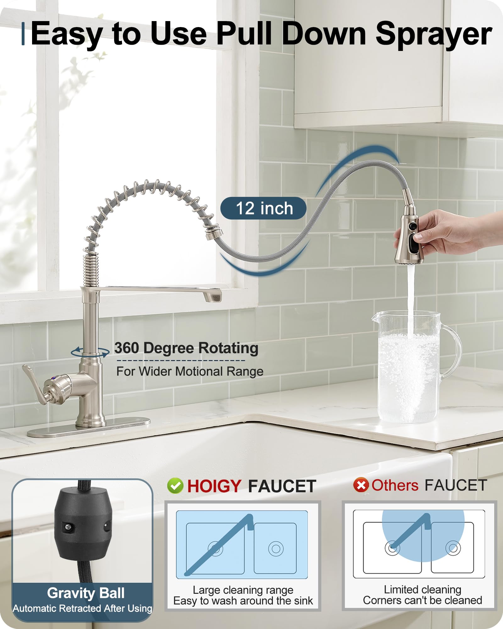 Hoigy Pull Down Kitchen Faucet Brushed Nickel, 3-Function Kitchen Sink Faucet With Sprayer, 1 Hole Or 3 Hole Kitchen Faucets Stainless Steel Single Handle 360 Degree Swivel With Deck Plate Commercial
