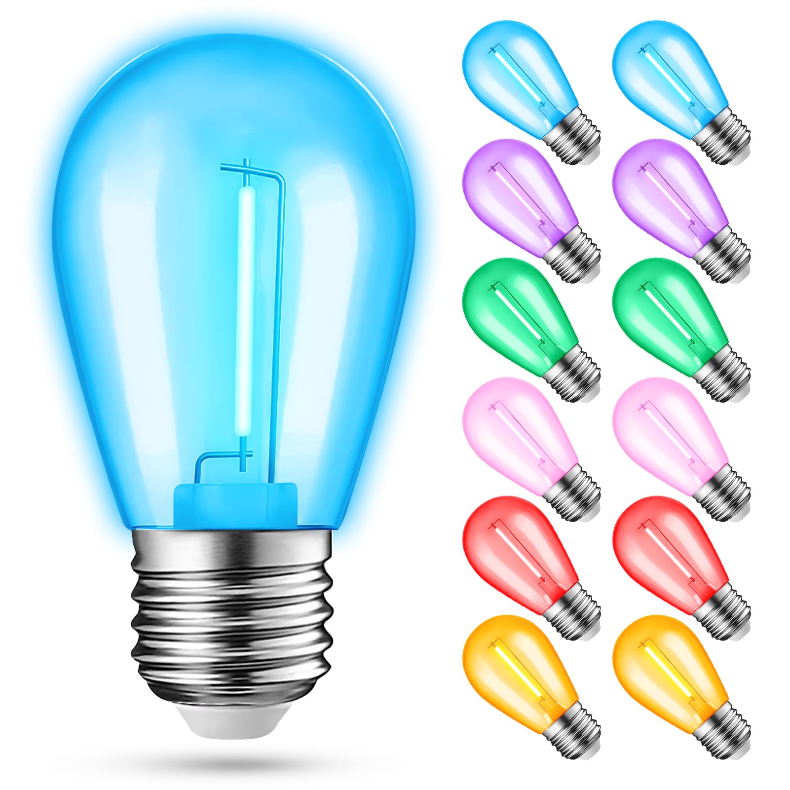 Jaheks 12-Pack Colored String Light Bulbs, Patio String Light Replacement Bulbs For Outdoor Indoor, 1W E26 Base S14 Led Color Light Bulbs For Christmas Halloween,Holiday,Home Decor