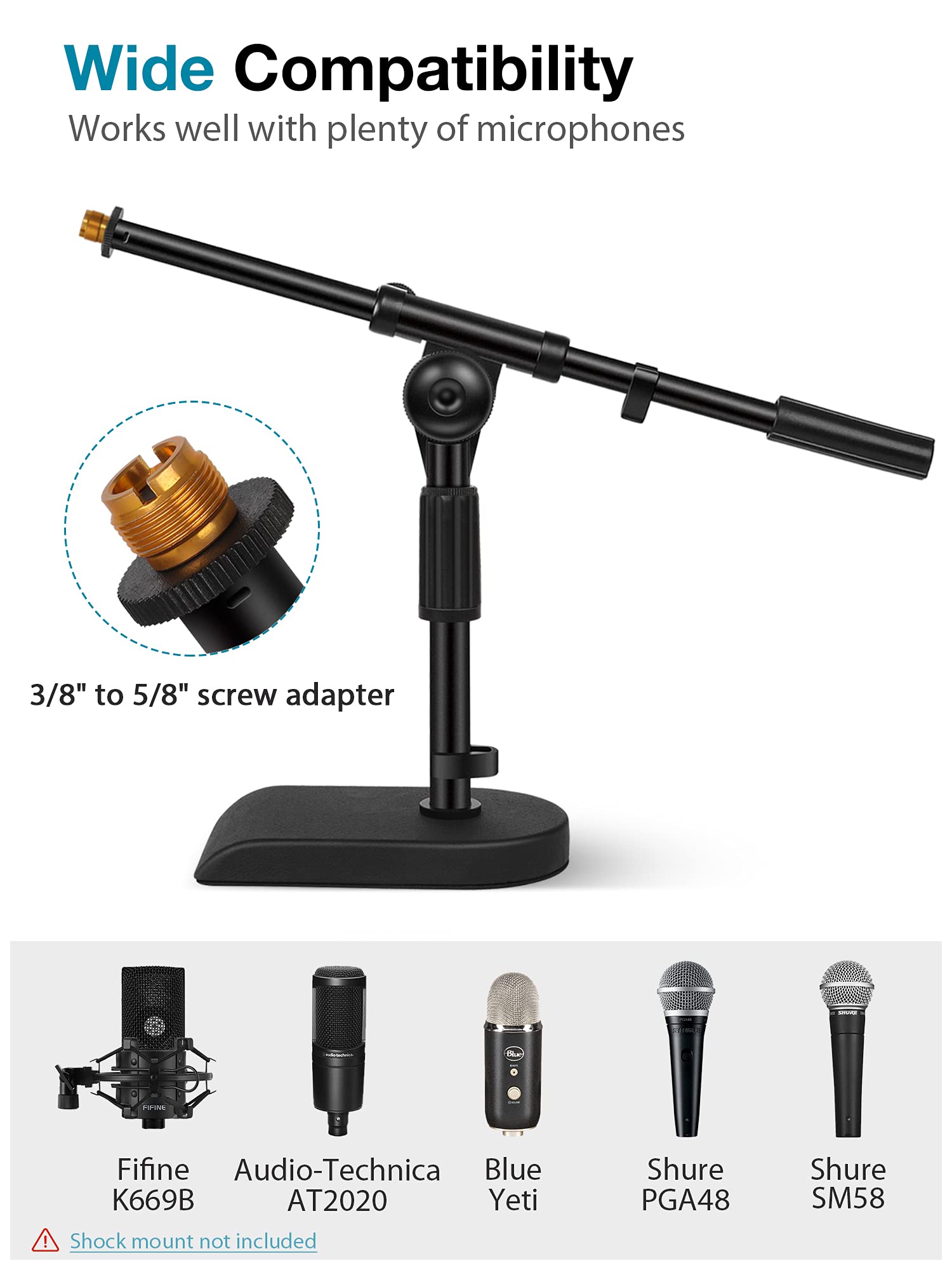 Innogear Boom Stand With Weighted Base & 8 Pieces Mic Stand Adapter For Microphone Stand Boom Arm Mic Clip Shock Mount Camera Tripod Webcam
