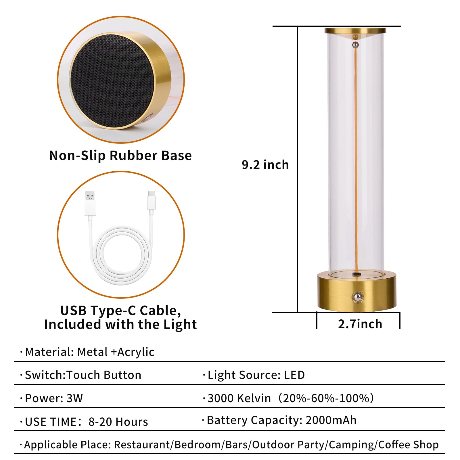 Baishezhuan Rechargeable Cordless Led Table Lamps Touch Sensor Light, 3-Levels Portable Dimming Wireless Battery Operated Lamp，Nightstand Lamp/Night Light/Restaurant Table/Outdoor/Coffee/Bar. (Gold)