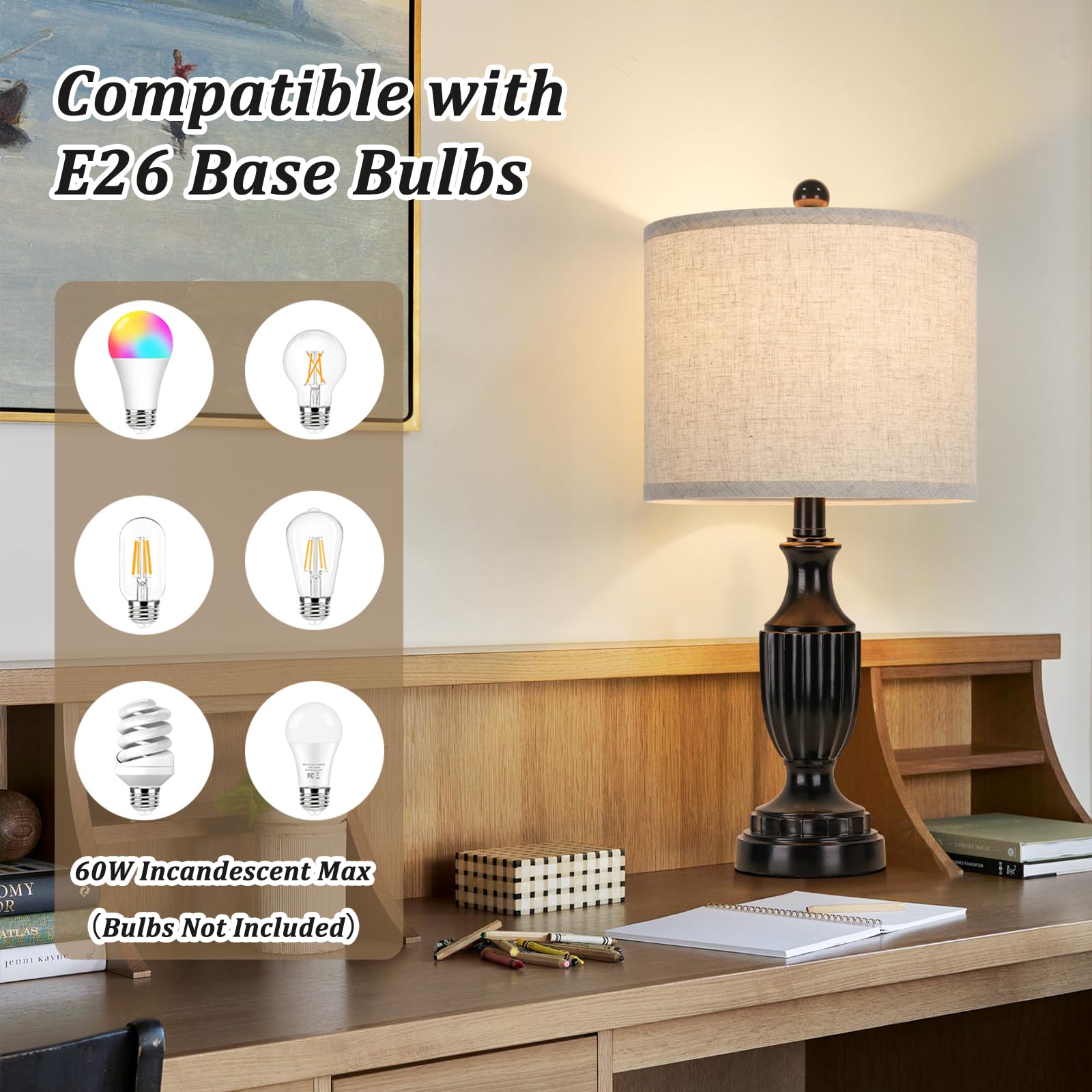 Tobusa Farmhouse Living Room Table Lamps Set Of 2, Matte Black Rustic Vintage Table Lamps For Bedroom Nightstand, Antique Bedside Desk Lamps With Linen Shade, 22’’ Small Resin Lamp Sets For End Table