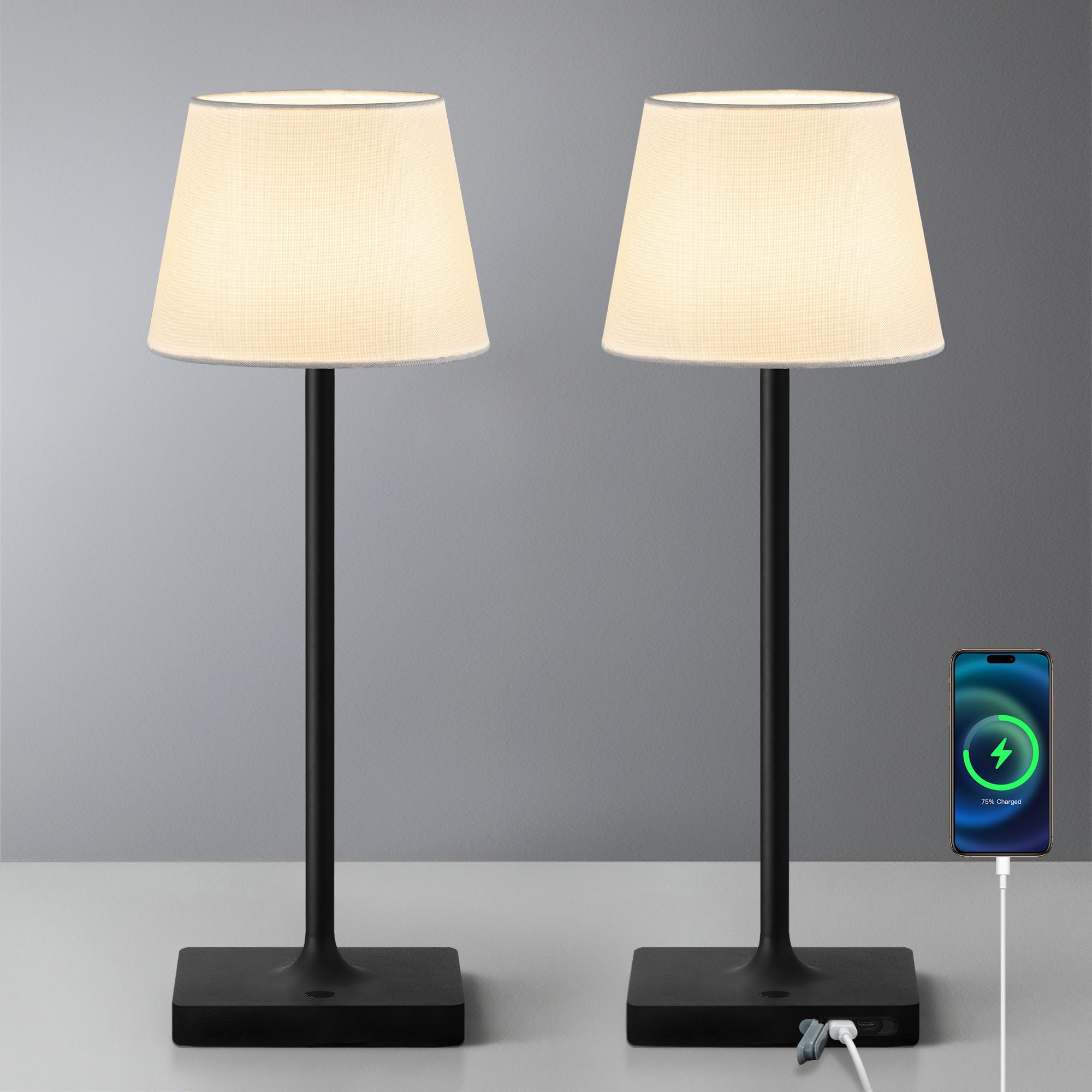 Newsee Cordless Portable Touch Table Lamp Set Of 2, 4000Mah Rechargeable Battery Powered Dimmable Led Desk Lamps Fabric Lampshde, Modern Baby Night Light For Restaurant, Bedroom (Gold 14.5")