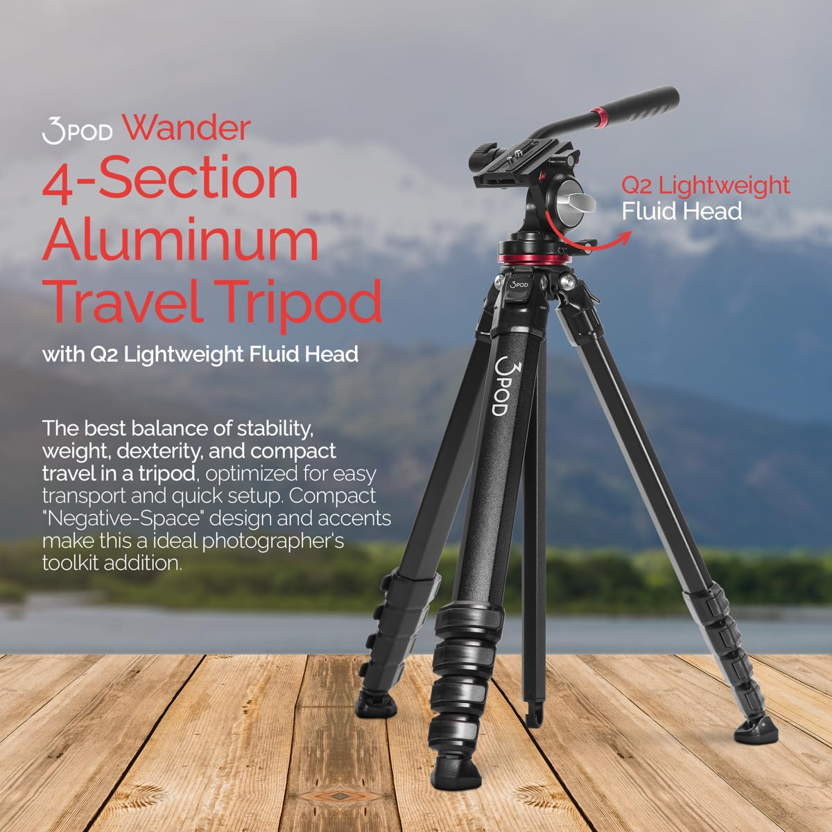 3Pod Wander 4-Section Aluminum Travel Tripod With Q2 Lightweight Fluid Head