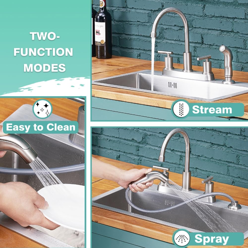 Vsunhoo Kitchen Faucet With Sprayer, Brushed Nickel Kitchen Sink Faucet, 3 Or 4 Hole Rv Faucet For Kitchen Sink, Stainless Steel Touch Kitchen Faucet With Side Sprayer, Tdlkf024L