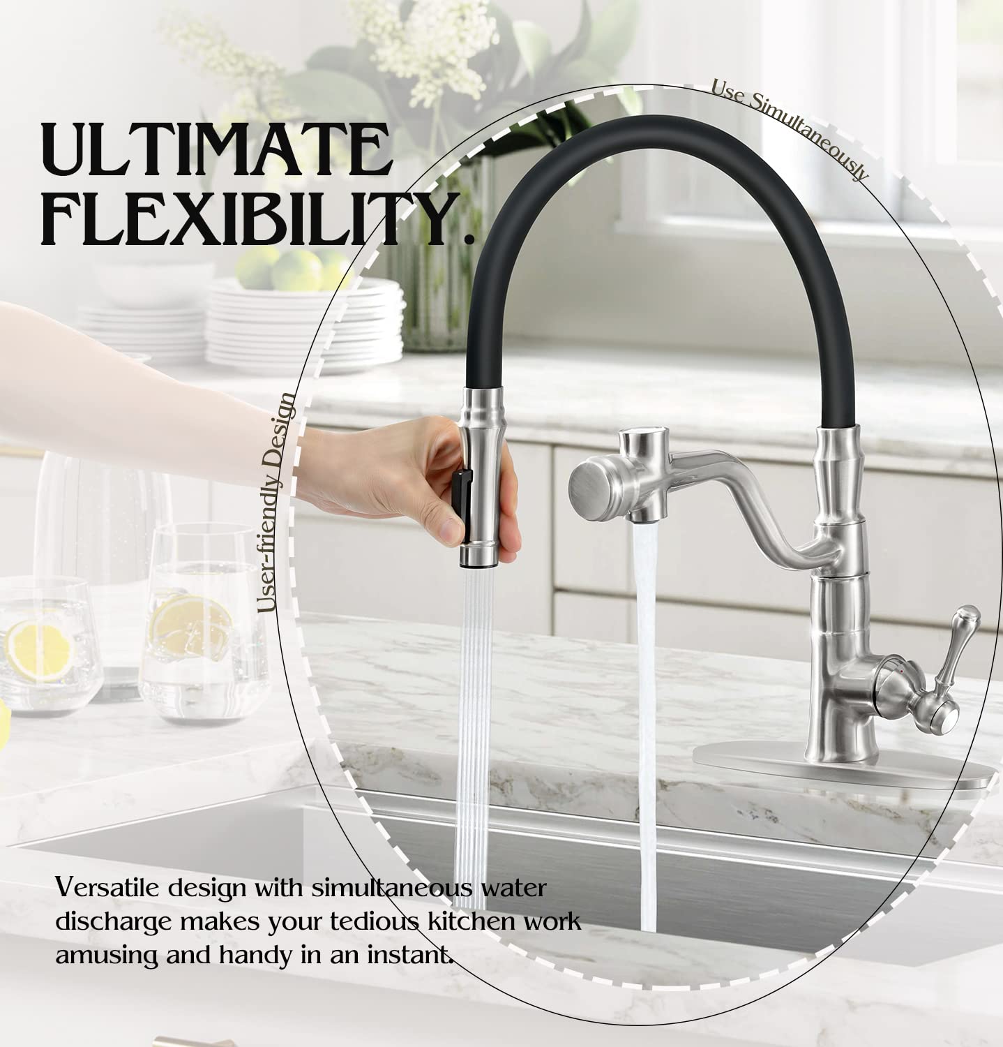 Hoanmpy Black Kitchen Faucet, Pull-Down Sprayer Kitchen Faucet And Pot Filler (Brushed Nickel)