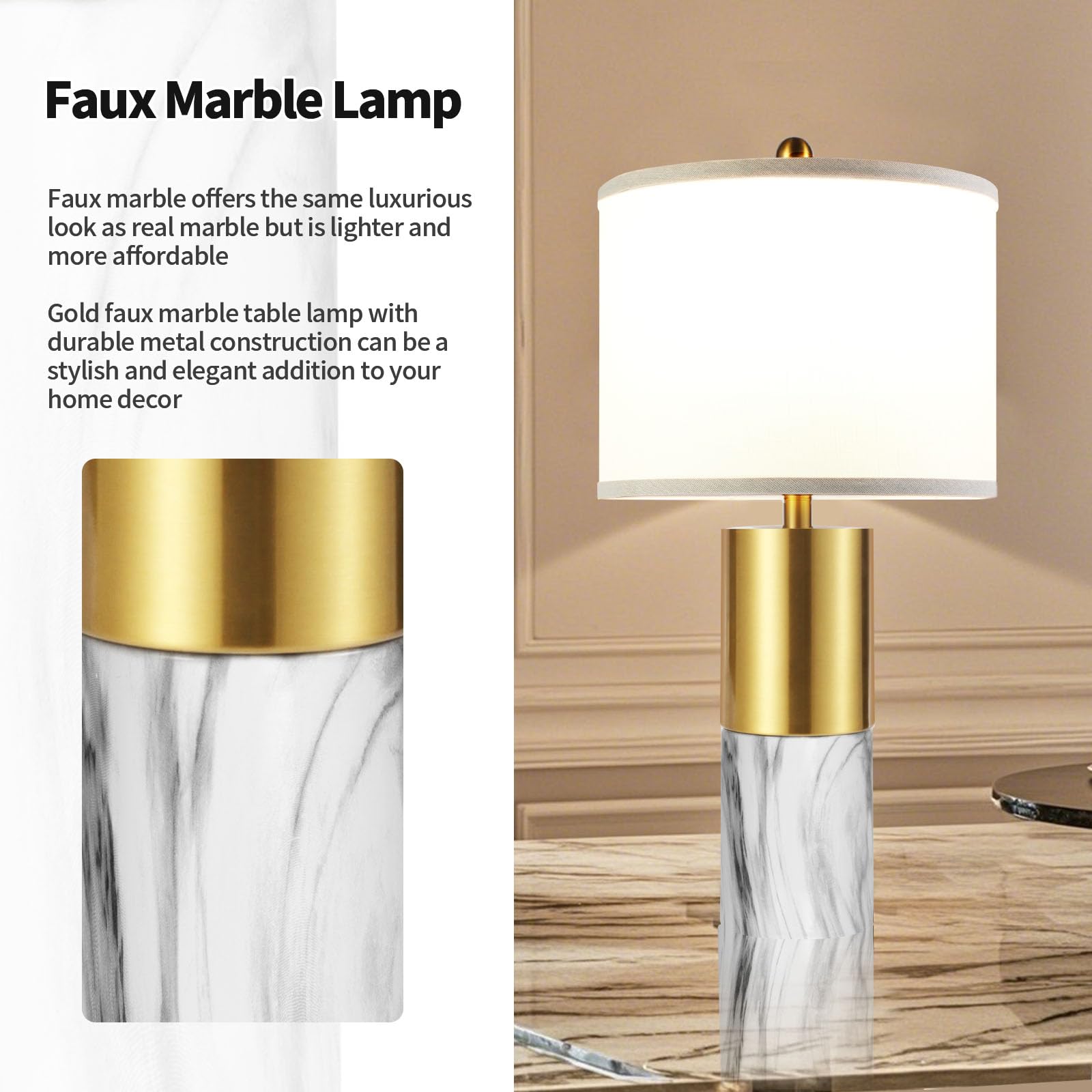 Ghoocemlux 22" Faux Marble Table Lamps Set Of 2, Modern 3-Color Temperature Table Lamps With Fabric Shades, Contemporary Bedside Nightstand Lamps For Living Room Bedroom (2 Led Bulbs Included) - White & Gold