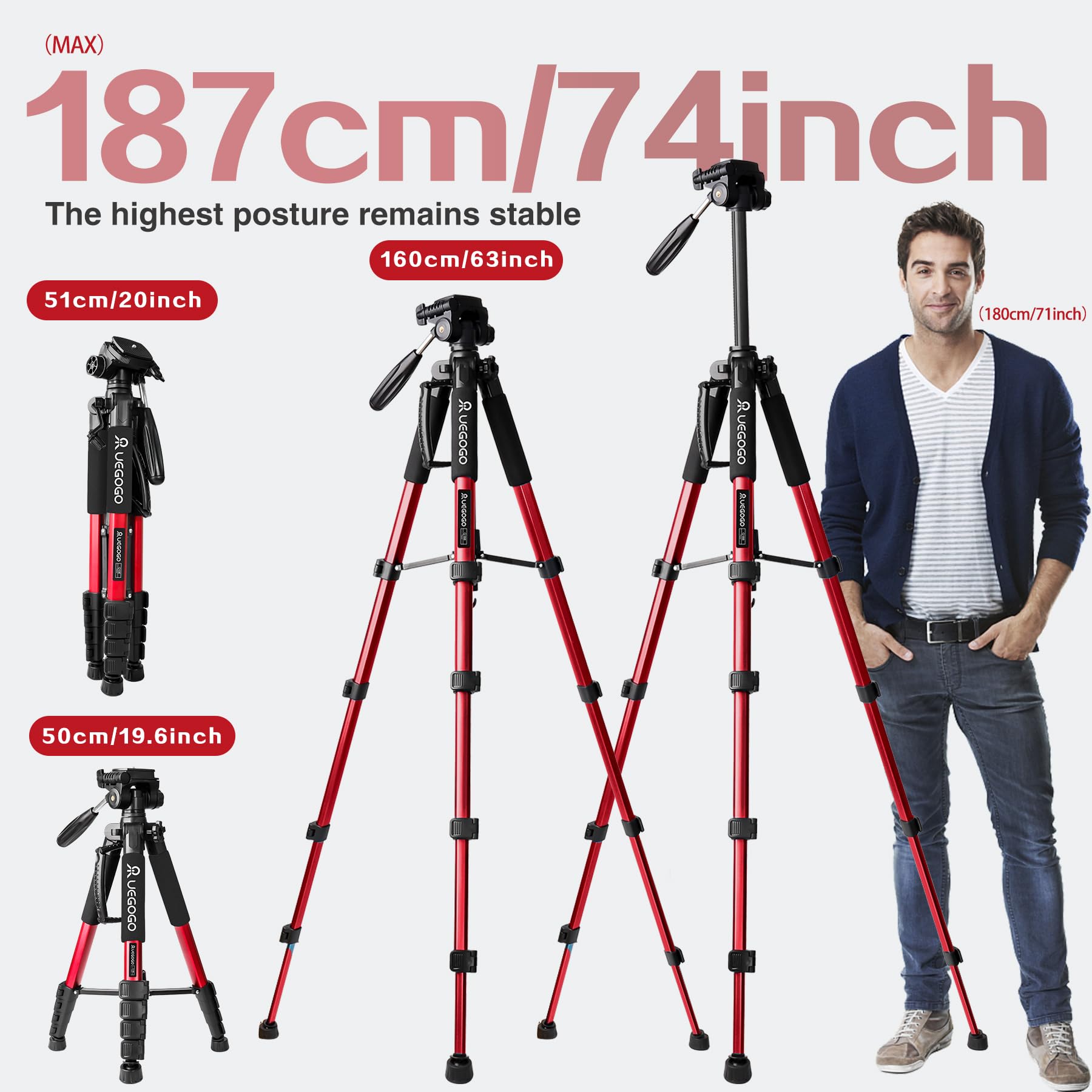 Senndio Red Luminum Professional Tripod With 360° Ball Head, 74 Inch Stand For Camera Slr, Travel Tripod Stand With Phone Holder For Camera