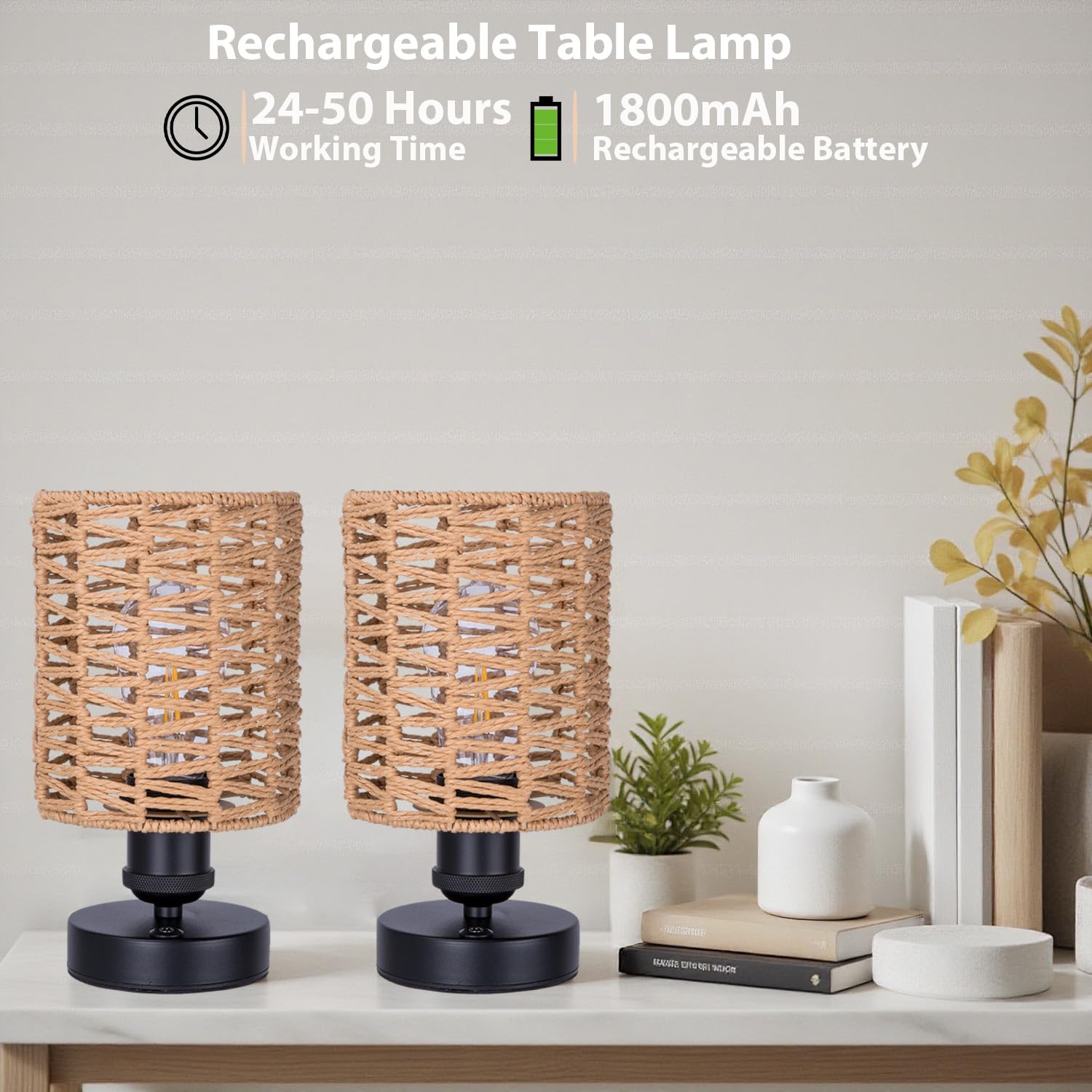 All Fortune Cordless Outdoor Table Lamps, Small Rattan Boho, Rechargeable Battery Operated For Outdoor Patio, Home, Living Room, Bedroom, Bedside - Set Of 2 (Beige-B)