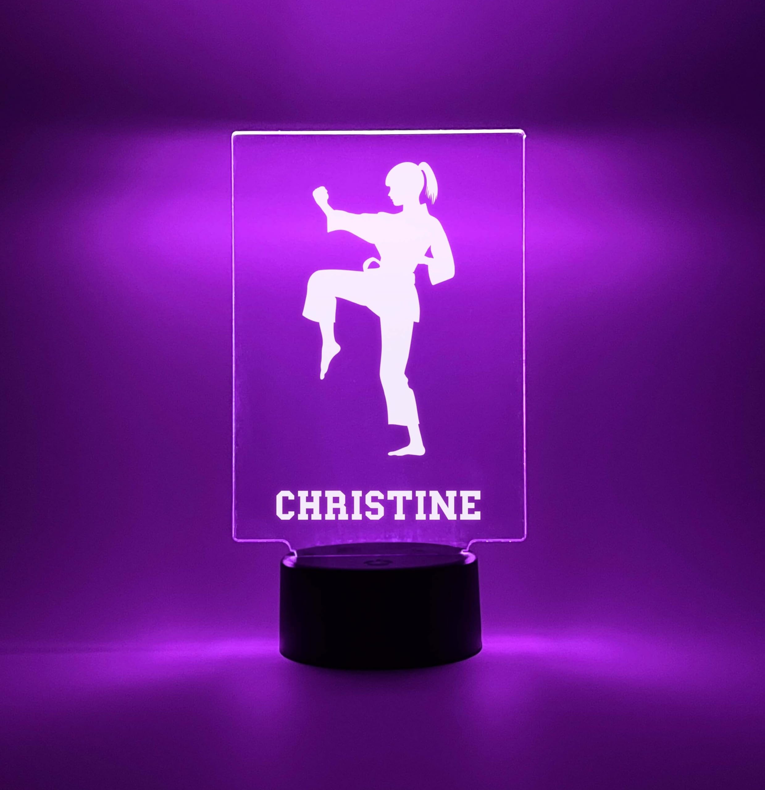 Mirror Mania Sports Player School Team Fan Name Night Light Up Desk Table Lamp Kids Bedroom Decor Led Personalized Custom 16 Colors & Remote Christmas Idea For Boys & Girls (Girl Karate Taekwondo)