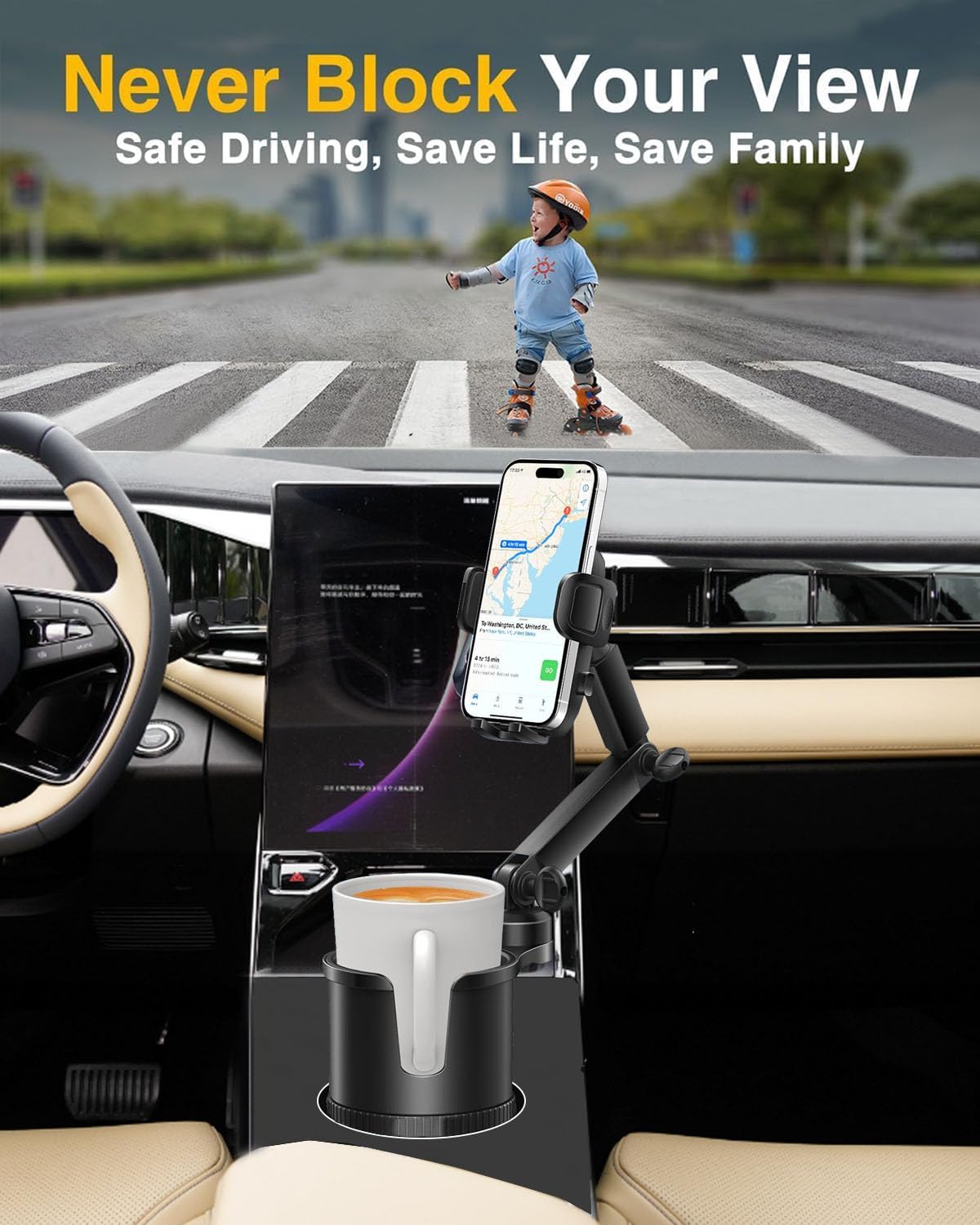 Easkkty Cup Phone Holder For Car With Expandable Base, 2 In 1 Adjustable Hands  Cell Phone Holders Car Cupholder Mount, Friendly Fit Large Bottle & Iphone All Cellphone For Truck Suv  No Shake Design