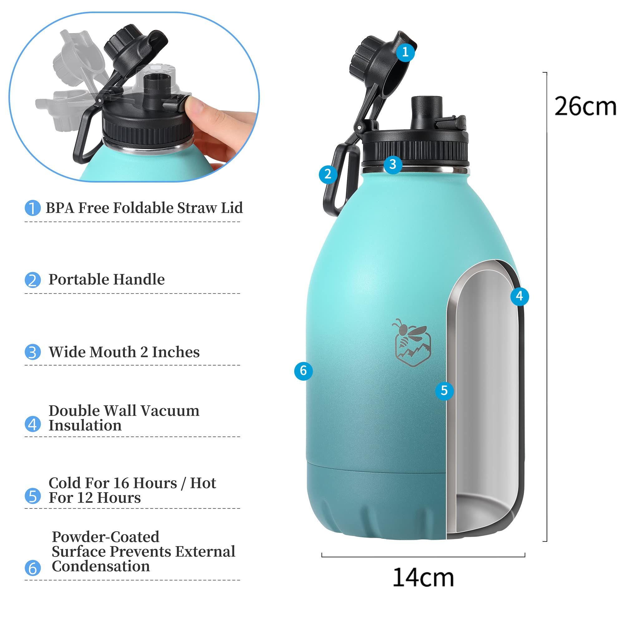 Boulder Bee  64 Oz Insulated Water Bottles  Stainless Steel Thermos For Hot & Cold Drinks