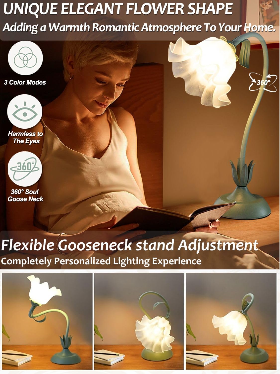 Vqgcacg Flower Lamp,Vintage Flower Desk Lamp 3 Color Temperatures,Flower Table Lamp With E26 Petal Bulb Socket,Gooseneck Cute Green Flower Lamps For Bedrooms Bedside Living Room Office Reading (Flower-Lily)