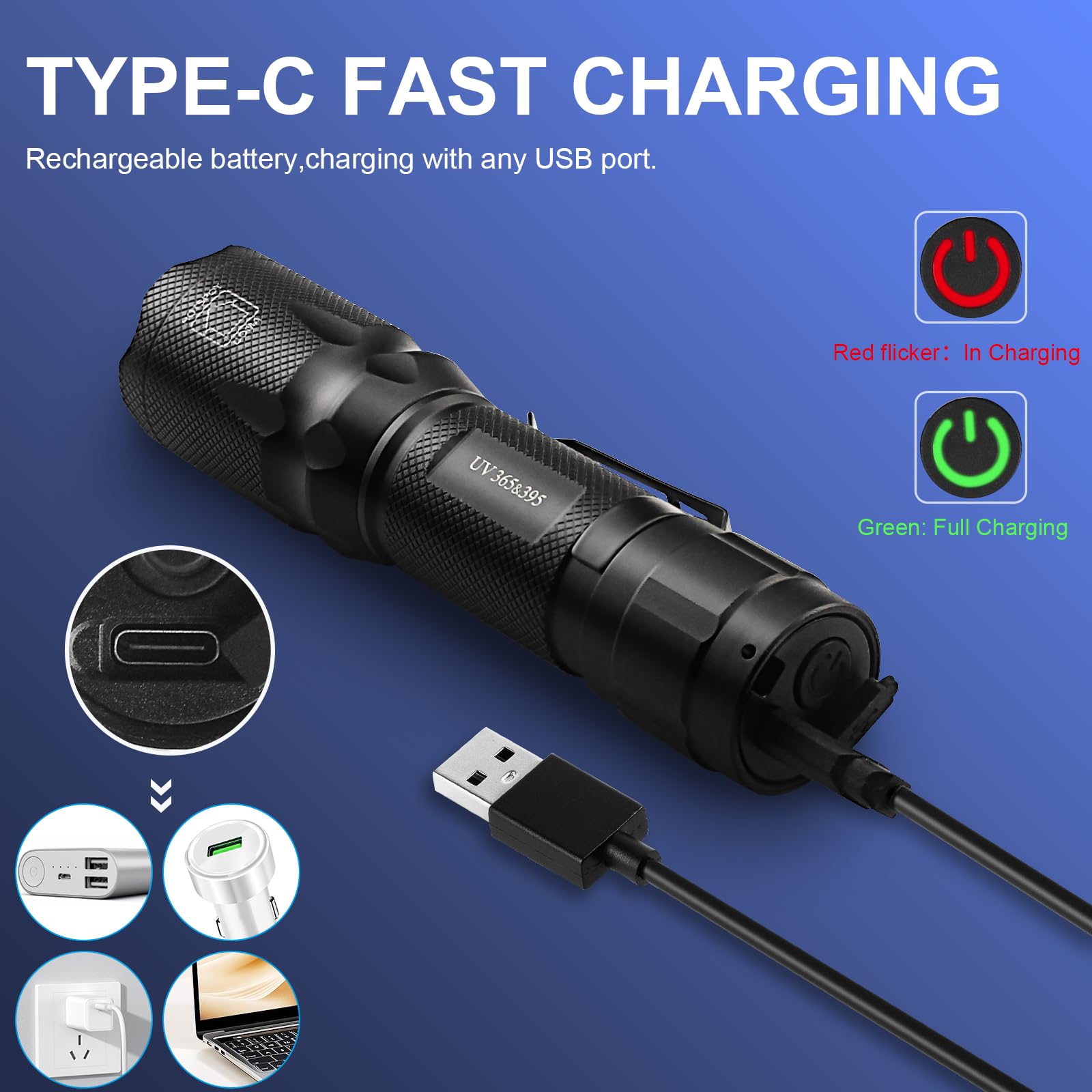 Hsxmn Usb-C Rechargeable Ultraviolet Flashlight, 365Nm 395Nm Dual Uv Flashlight, Blacklight Woods Lamp For Dog Urine Pet Stains, Ac Leak Detection/Resin Curing, Uranium Glass, Scorpions Finder