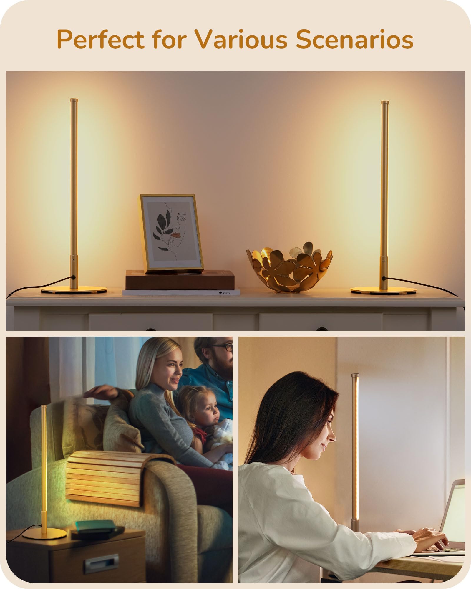 Edishine Led Table Lamp, Minimalist Bedside Lamp With 3 Dimmable Color Temperature, Nightstand Lamp, Stepless Corner Light For Bedroom, Living Room, , Reading, Metal Finish, Gold, 2Pcs