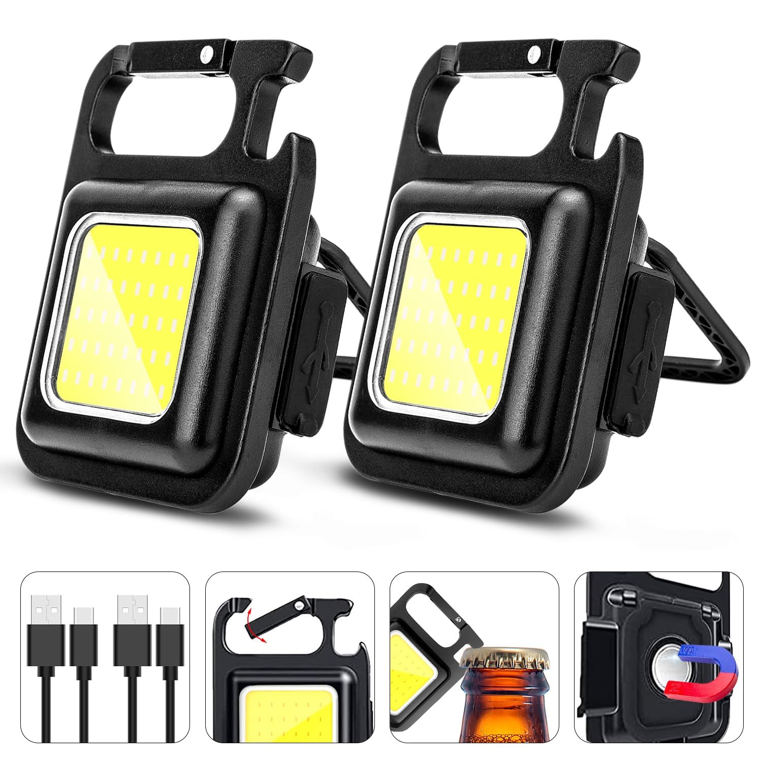 Makdak Cob Keychain Work Light Keychain Flashlights 4 Light Modes,Keychain Light Emergency Light With Folding Bracket Bottle Opener For Fishing,Camping And Walking 2Pack