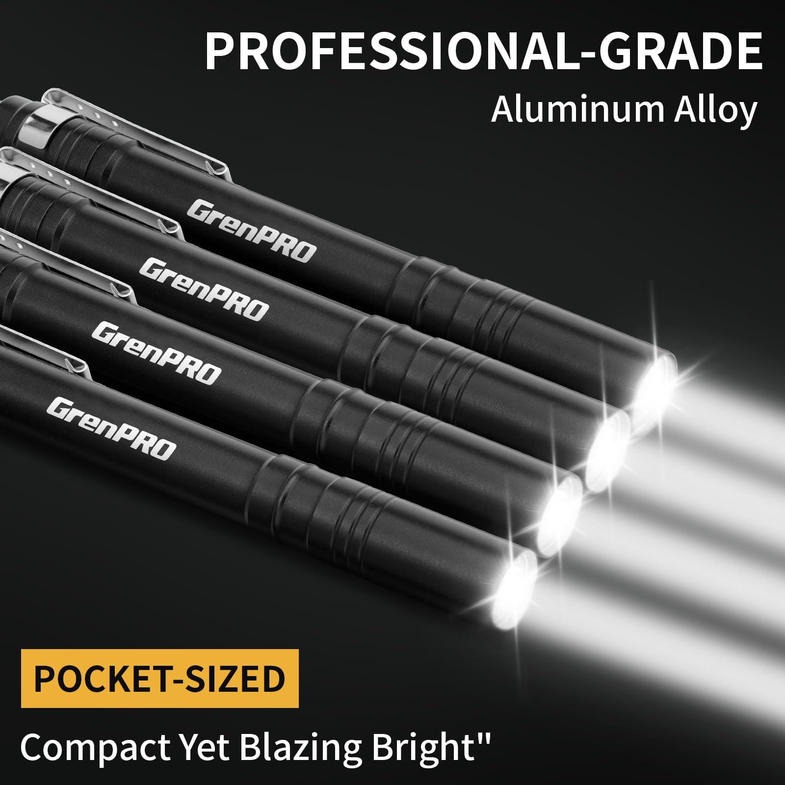 Grenpro Pen Lights For Nurses Led Penlight, Aluminum Pocket Flashlight, Small Pocket Flashlight 2Aaa Batteries Include, 4 Pack Emergency Handheld Penlight Black