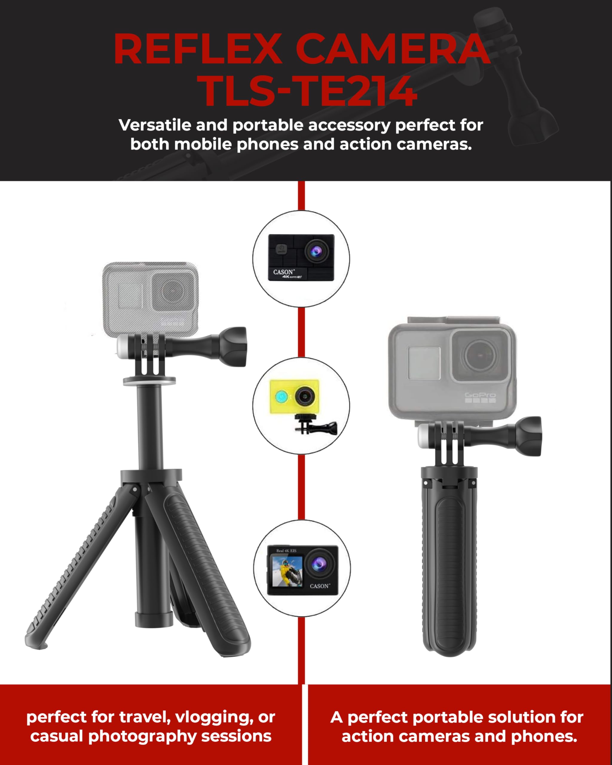 Reflex Camera 9.4" 23Cm Pocket Selfie Stick - Mini Tripod For Action Cameras 3 Adjustable Heights Compatible With Gopro Hero 13/12/11/10/9/8/Max, Dji Osmo Action 4/3/2/1, Insta 360 & Other Action Cams