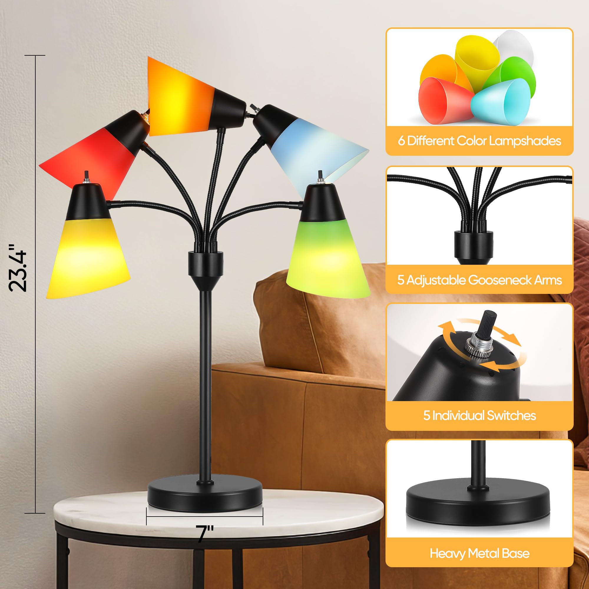 Hamucd Medusa Bedside Table Lamp For Bedroom, Modern Multi Head 5 Shade Lamps, Adjustable Lamp For Night Stands, Led Desk Lamp With Fun Light Multicolored Shades For Livingroom Kids Room, Office