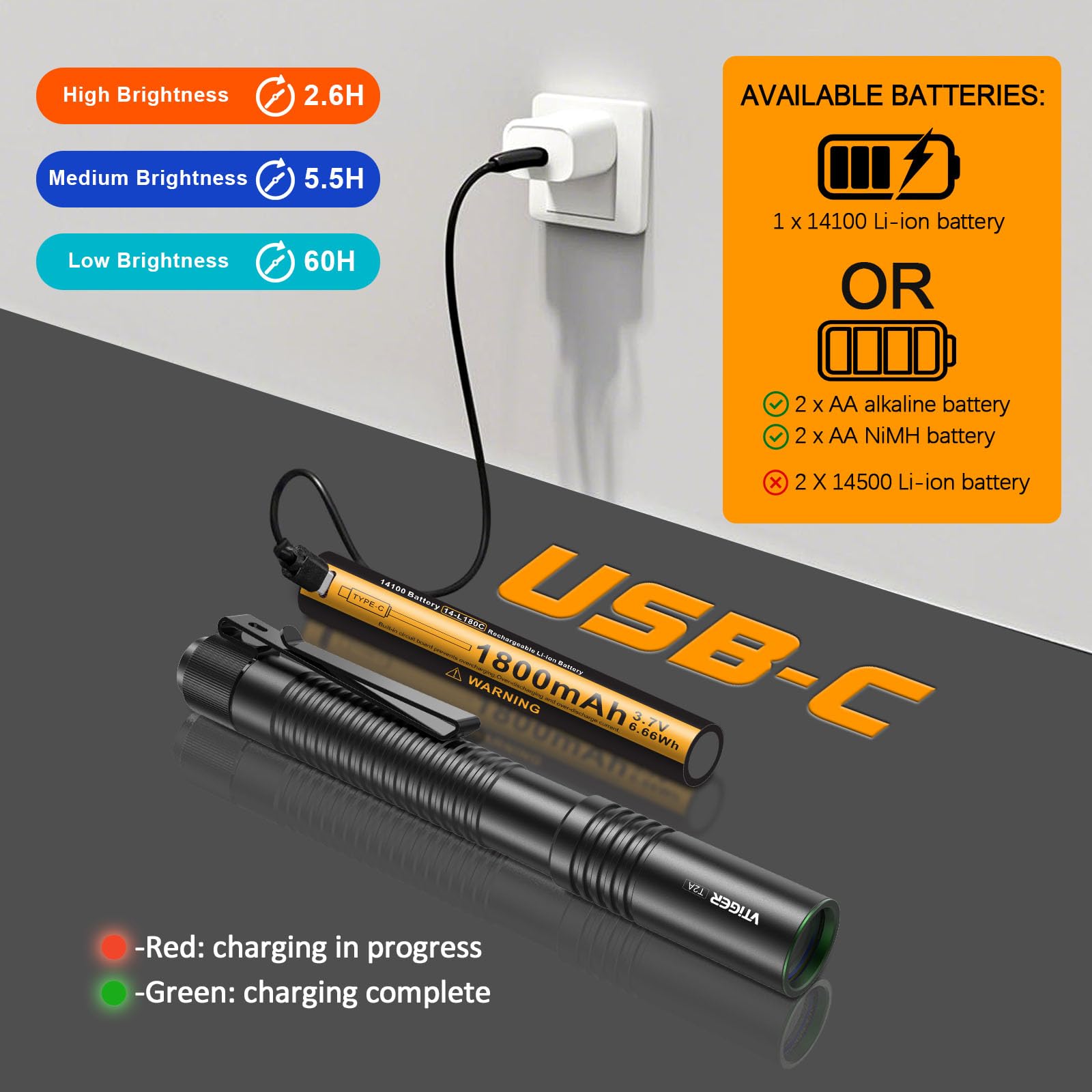 Vtiger T2A Compact Edc Flashlight,1500 High Lumens Aa Rechargeable Led Flashlight, Super Bright Small Utility Tail Switch Pocket Pen Light With Magnet For Camping,Hiking,Outdoor,Home,Emergency