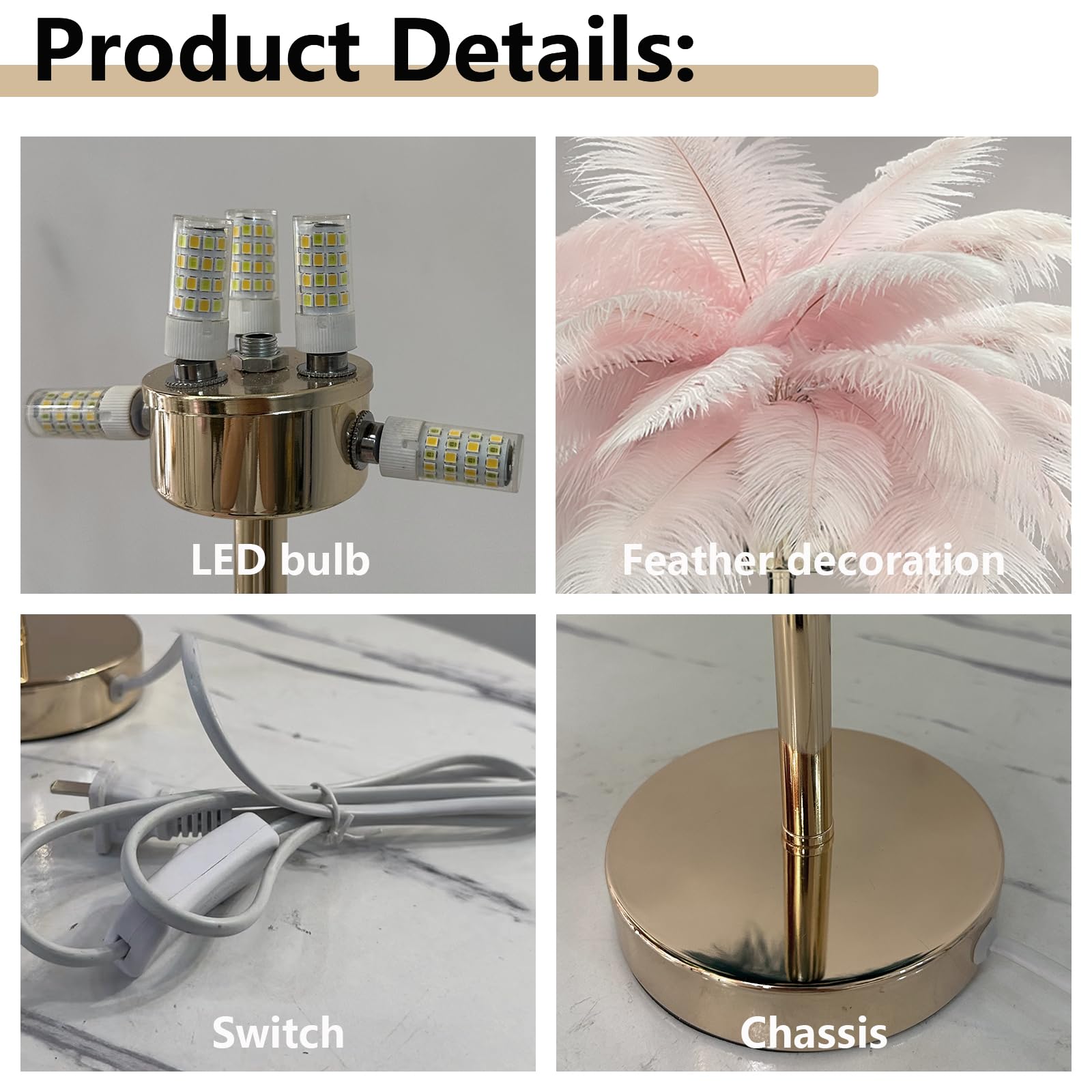 Oluzfan Ostrich Feather Lamp Modern Bedside Lamp With Plug In,3 Colors Light Table Lamp For Mother, Girlfriend Home Bedroom Decor Golden Base (Pink)