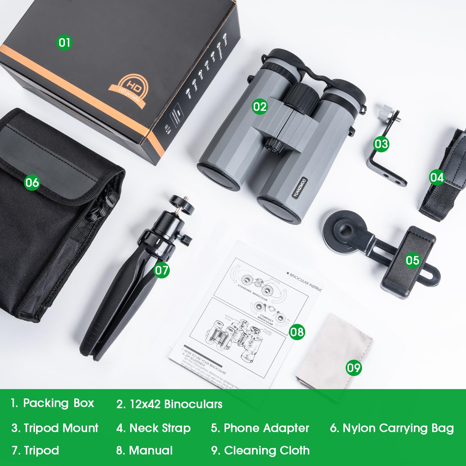 Yuanzimoo 12X42 Binoculars For Adults High Powered Binoculars Waterproof Compact Binoculars With Low Light Night Vision For Hunting Outdoor Sports Concerts Bird Watching Grey