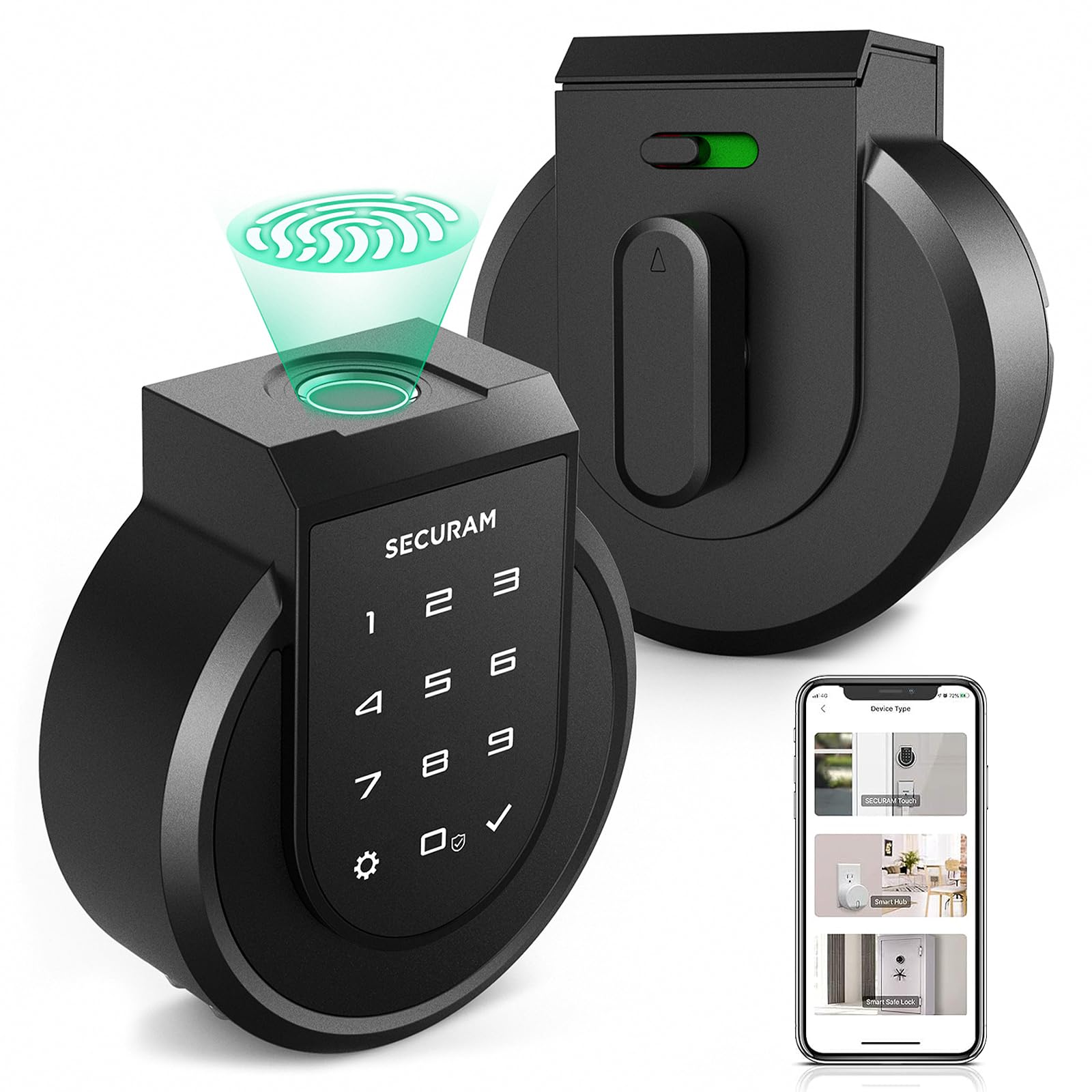 Securam Touch Fingerprint Smart Lock, Black, Biometric, Bluetooth Enabled, Auto Lock, Voice Control Via Alexa Or Google