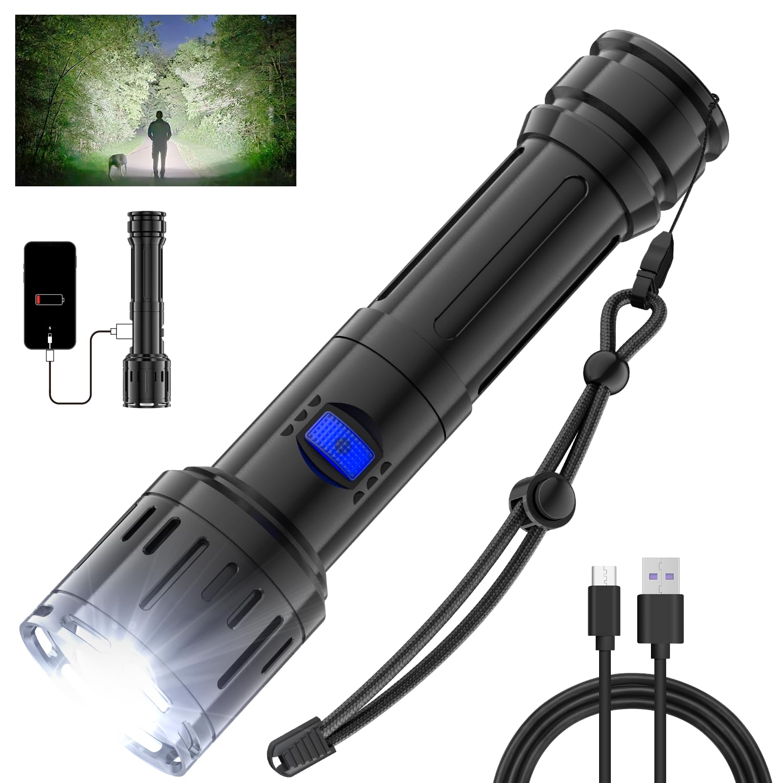 Topvelo Rechargeable Flashlight With 400000Lm And 5 Light Modes, Super Bright Tactical Flashlight Supports Electronic Devices Charging, Ipx6 Waterproof, Zoomable Handheld Flashlight