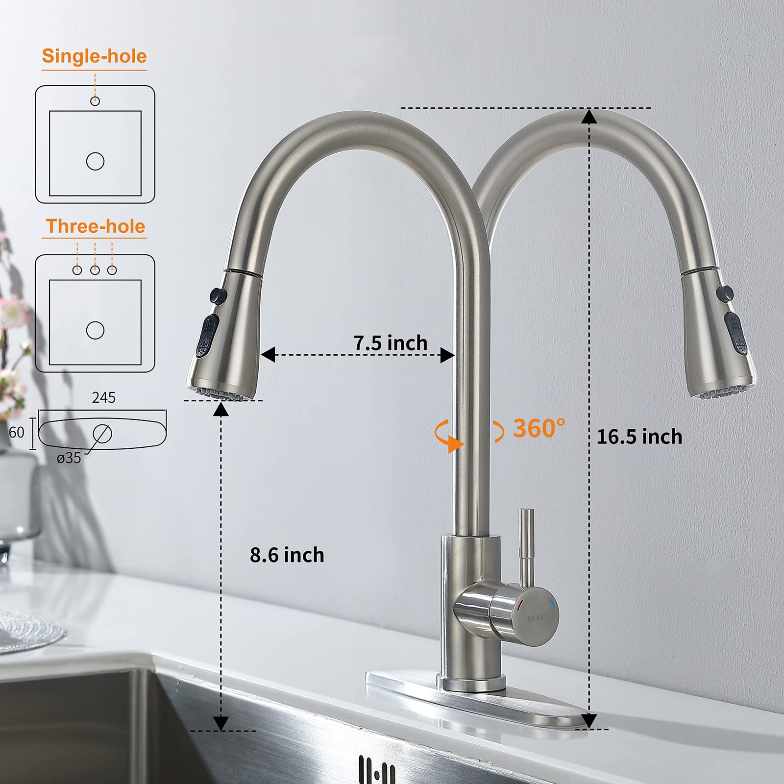 Keer Brush Nickel Pull Down Kitchen Faucet With Soap Dispenser, Single Handle High Arc Stainless Steel Faucet