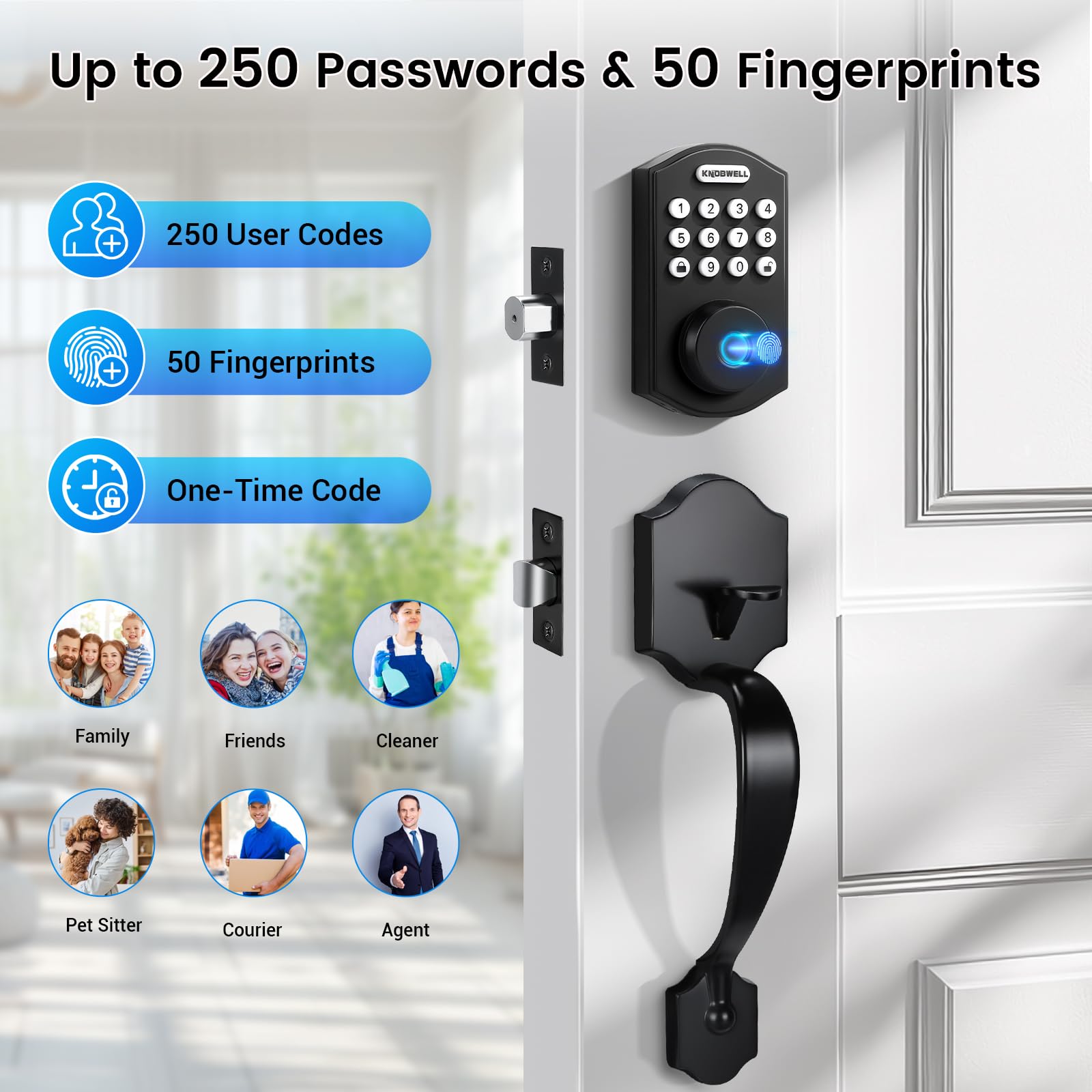 Knobwell Keyless Entry Door Lock With Handle Set,Front Door Handle Set，Password Door Lock Fingerprint & Keypad Deadbolt, Auto Lock, Matte Black
