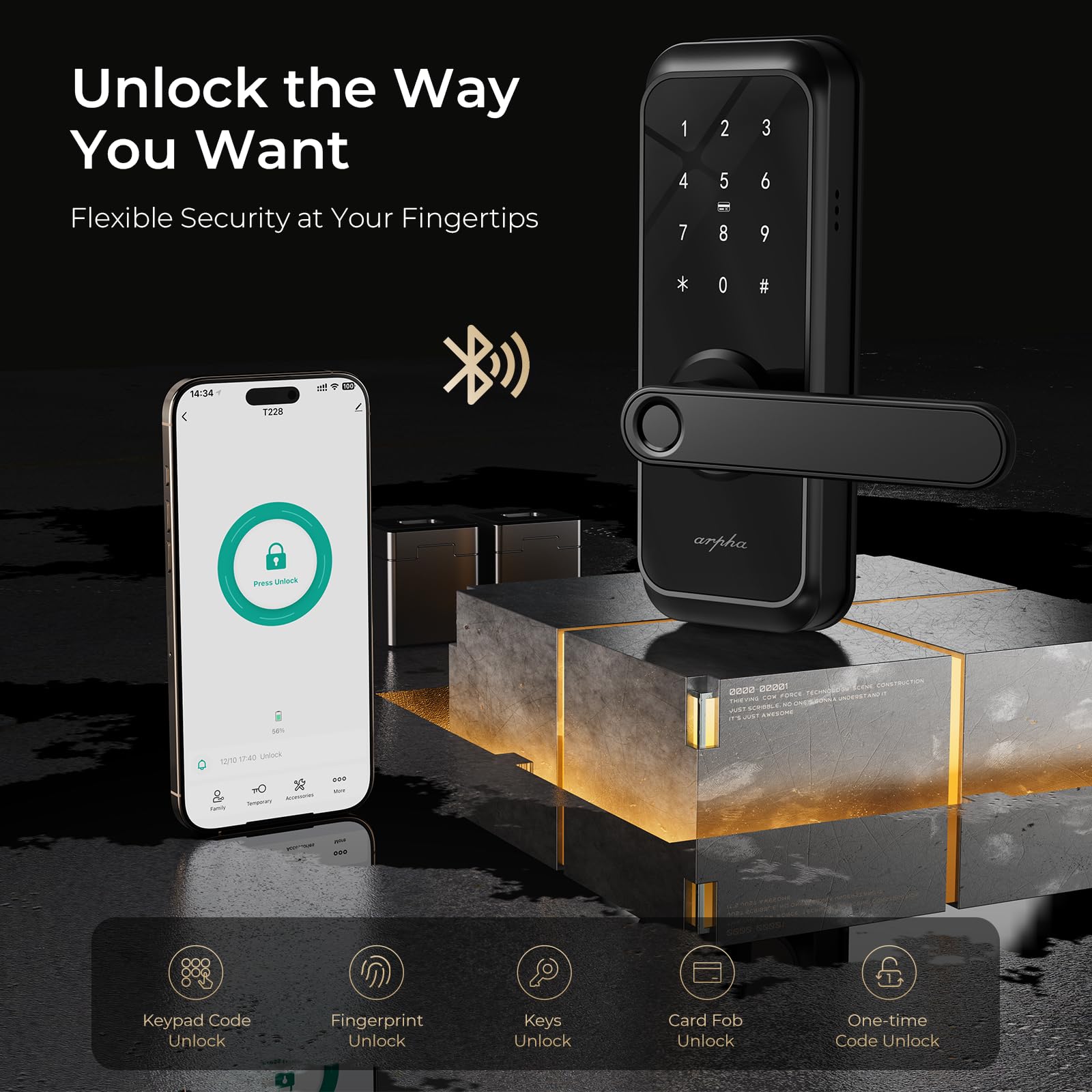 Arpha Smart Door Lock With Handle - 5-In-1 Fingerprint Keyless Entry, App Control, Keypad Deadbolt, Fob & Auto-Lock, Anti-Peep, Waterproof Ip65 For Front Door Security (Black)