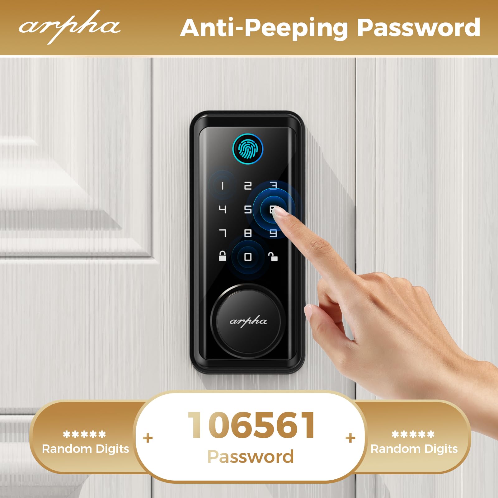 Arpha Fingerprint Keyless Entry Door Lock - 100 Code Electronic Keypad Deadbolt Lock - Smart Door Locks For Front Door - 16 Anti-Peeking Passwords App Remote Control - One Time Code - Zinc Alloy