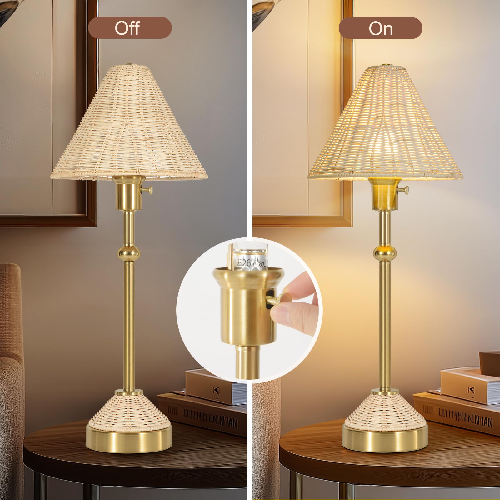Kivditzo 24.5" Rattan Table Lamp For Living Room, Rustic Gold Table Lamp With Lvory White Rattan Shade For Nightstand, Rotary Switch Bedside Lamp, Farmhouse Lamp For Reading Bedroom Office(Bulb Included)