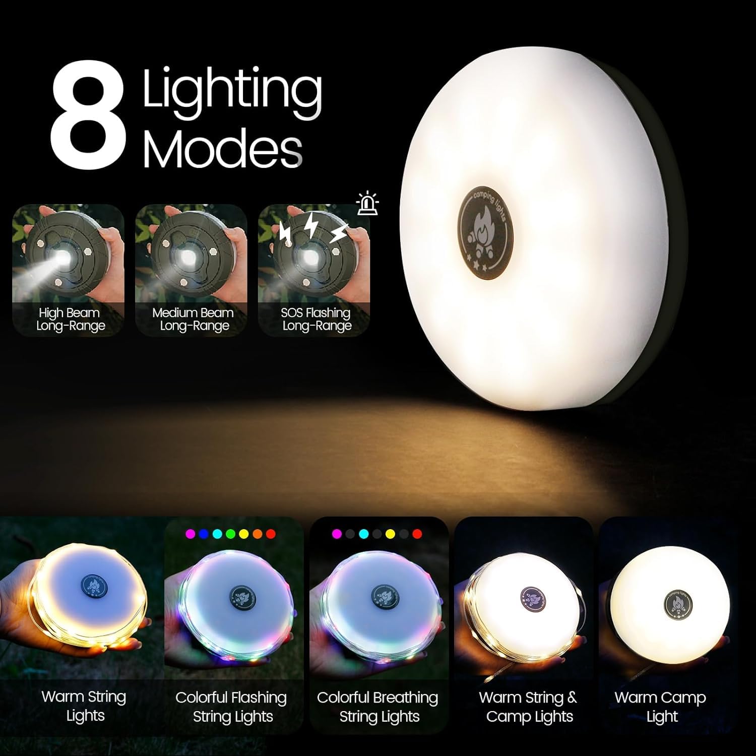 Drnanhai Camping Lights String,29.5Ft 4 In 1 Outdoor String Lights With 8 Modes Adjustable,Rechargeable Led String Lights,Ip44 Portable Camping Lantern Emergency Light For Hiking,Tent,Yard,Christmas Decor