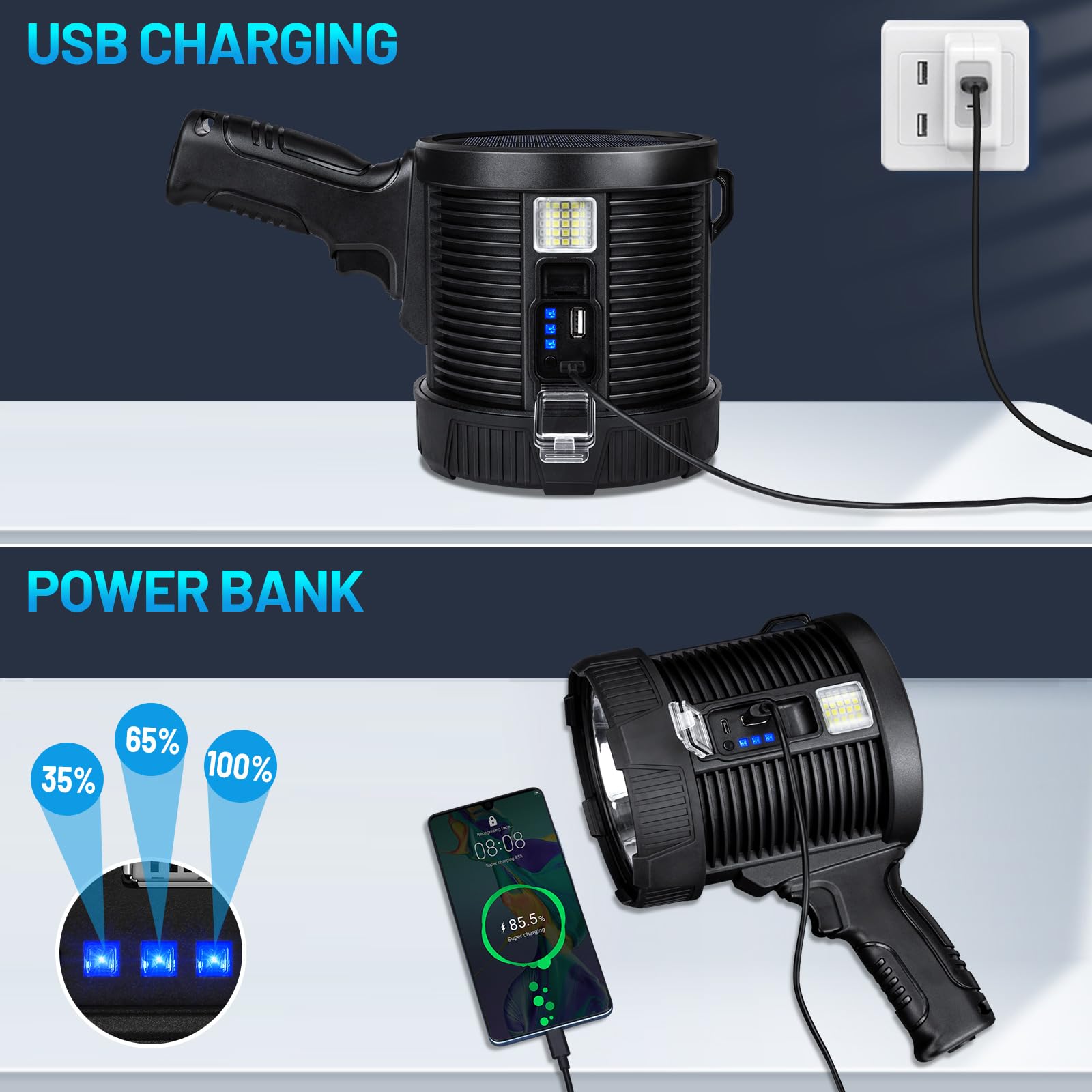 Crazybrace Spotlight Flashlight Outdoor, 990,000 Lumen Brightest Rechargeable Spotlight With Solar Panels & 6 Modes, Powerful Led Spotlights 30H Long Runtime, Large Handheld Spot Light For Boating Hunting