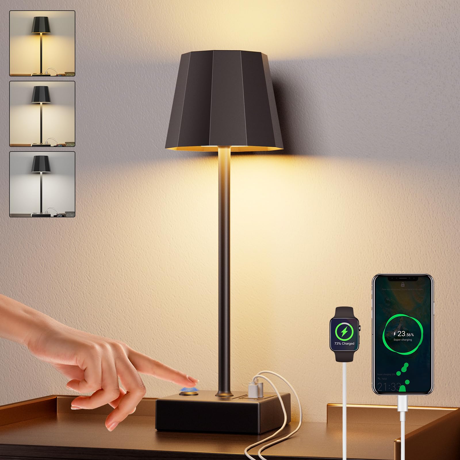 Niaycouky Cordless Table Lamp For Bedroom, 8000Mah Battery Operated Rechargeable Touch Lamp With Usb Ports, Portable Led Desk Lamp 3 Color Stepless Dimming, Living Room/Restaurant//Bars/Party/Camping…