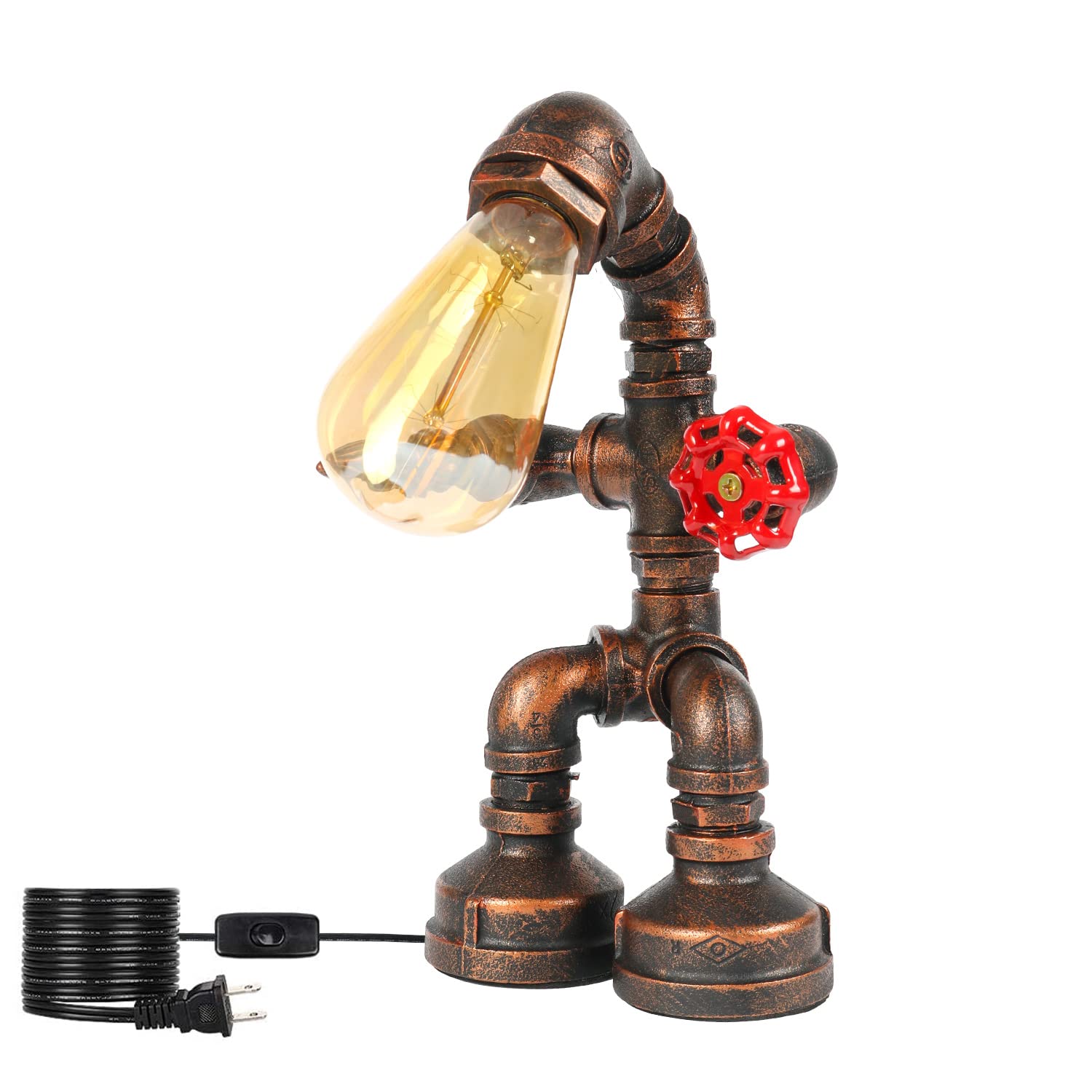 Queenkic Vintage Industrial Robot Table Lamp - Steampunk Pipe Desk Light With E26 Base - Retro Iron Craft Lamp For Home, Office, Cafe & Bar Decor (15Cm/5.9In, 110V)