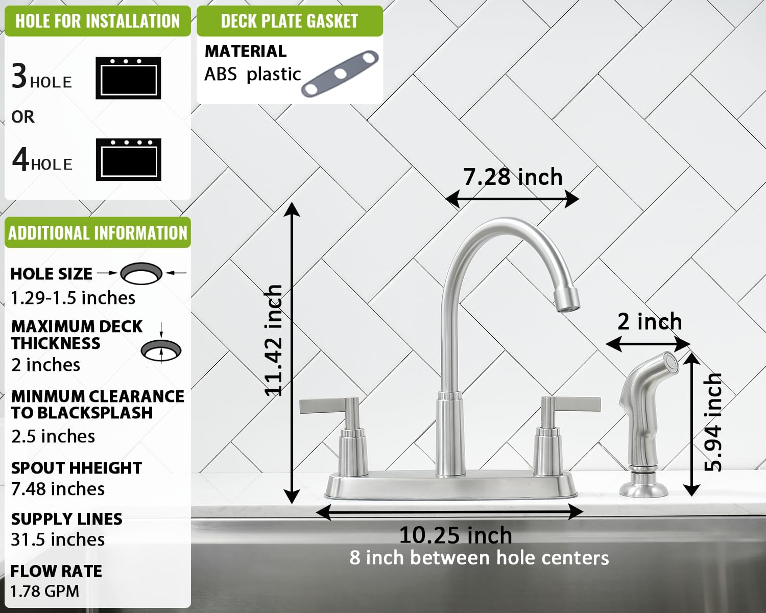 Rainmax Kitchen Faucet With Sprayer, Brushed Nickel Stainless Steel Kitchen Sink Faucet With Side Sprayer, 3 Hole Or 4 Hole Faucet For Kitchen Sink, Commercial Rv Laundry Utility Kitchen Faucet Kmf023L-1