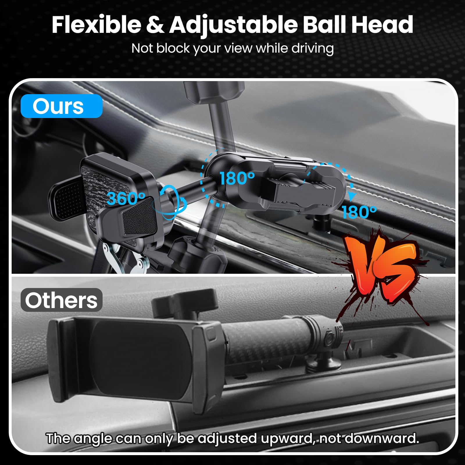 Kaishengyuan  Metal Phone Mount For Ram Truck 2019+, Dash Mount Cell Phone Holder Compatible With Dodge Ram 1500/2500/3500 & Trx, 360° Adjustable Adapter Phone Stand Fit For Most Smartphones