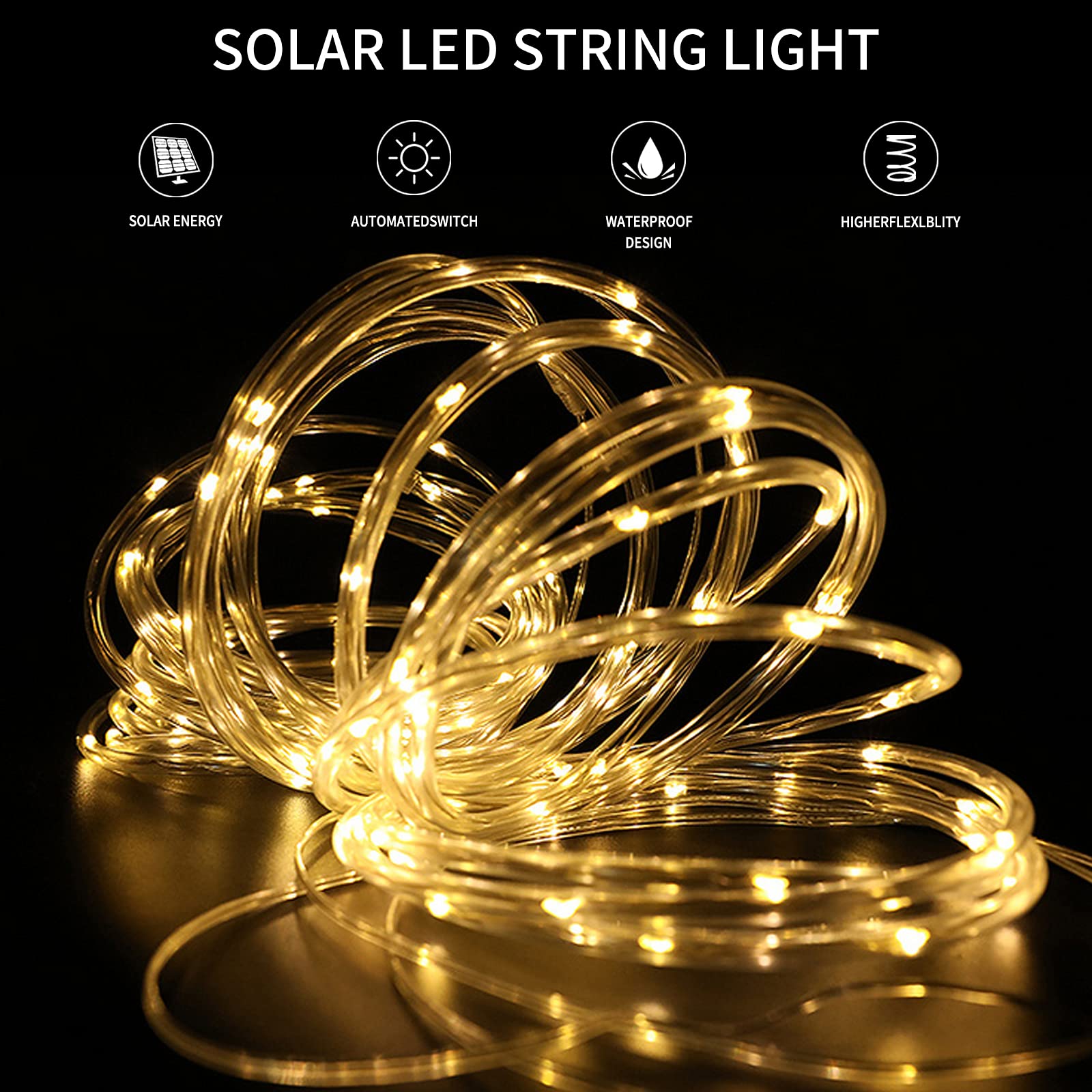 Oluote Solar String Lights Outdoor Rope Lights, 33Ft 100 Leds Waterproof Tube Lights With Solar Panel For Outdoor Home Garden Parties Independence Day Decor (Warm White, 33Ft)