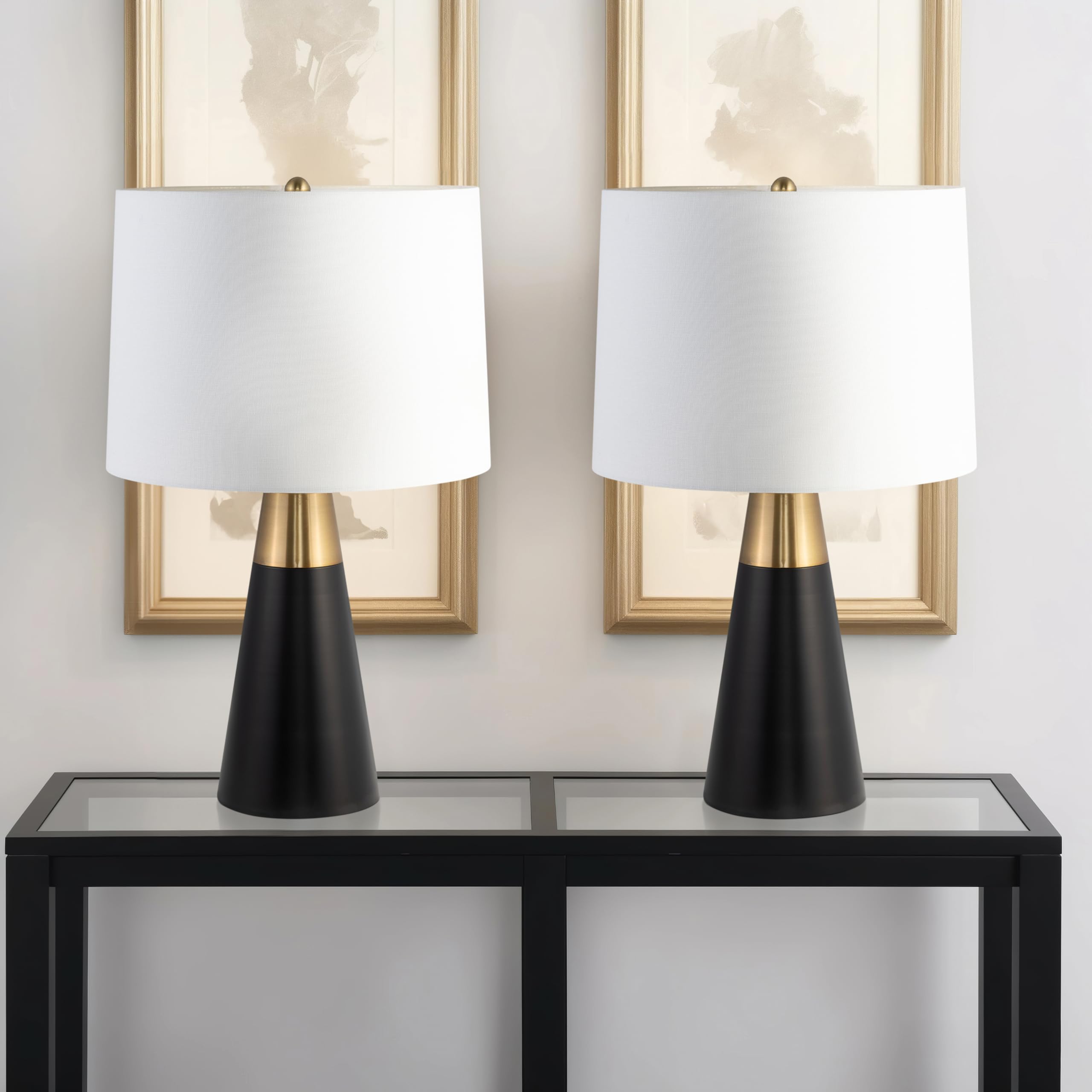 Sagebrook Home Black And Gold Table Lamps Set Of 2 – Modern Metal Base With White Linen Drum Shade For Bedroom, Living Room, Office, Home Décor, 23 Inches