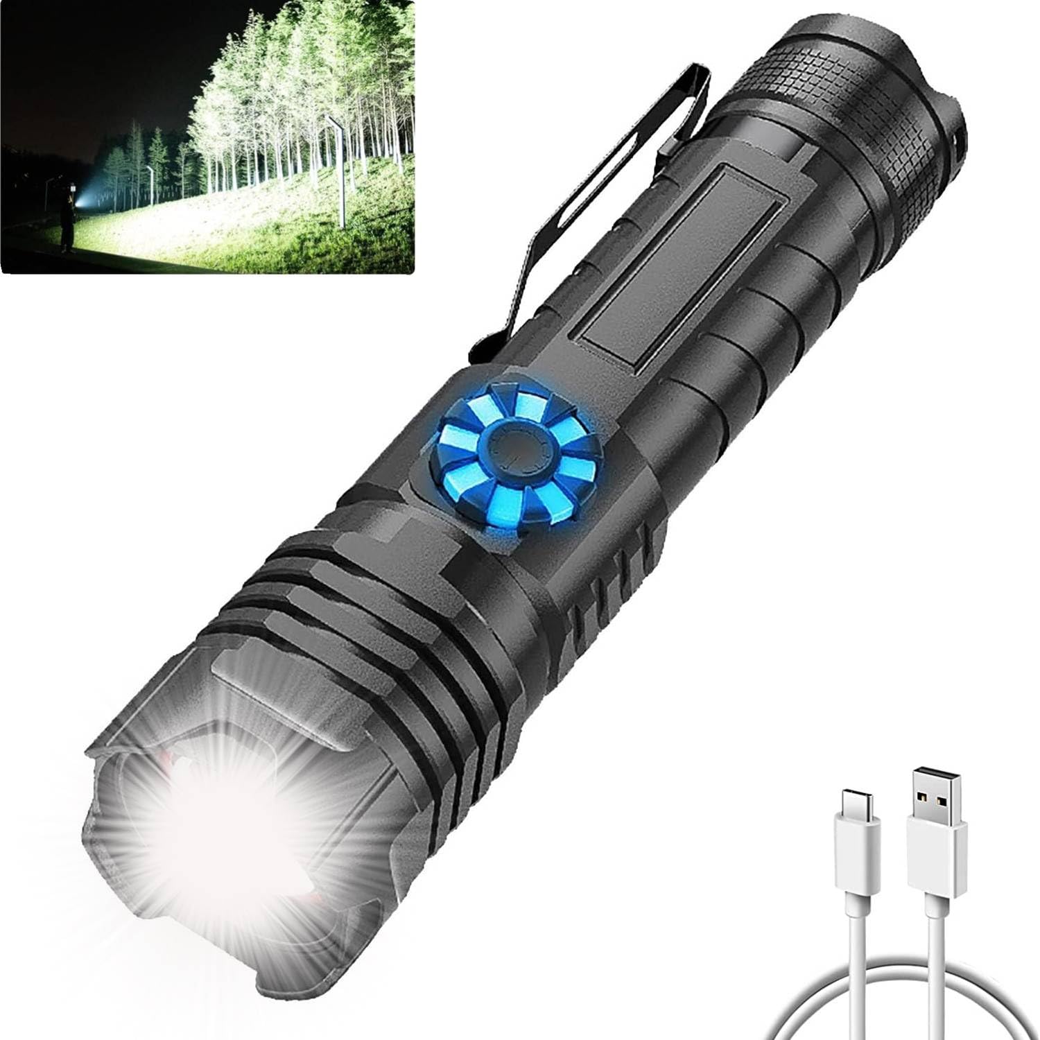 Junchi Super Bright Led Flashlight Usb Rechargeable,Xhp99 1200000 Lumens Tactical Flash Light With 4 Modes Stepless Dimming Zoomable Waterproof Powerful Handheld Torch For Camping Hiking Emergency