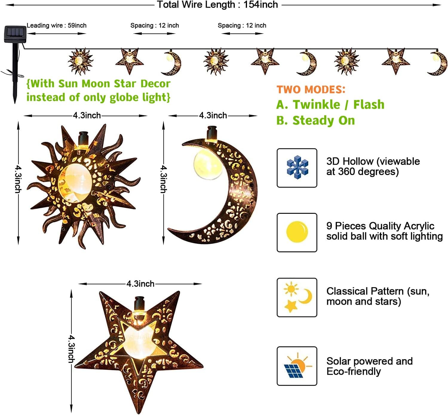 Beautyard Solar String Lights Outdoor Star Moon Sun 13Ft 153In Led Solar Powered Fairy Decorative Lights For Garden Patio Yard Trees Mothers Day  Wedding Party (Warm White) (Star Moon Sun String Lights)