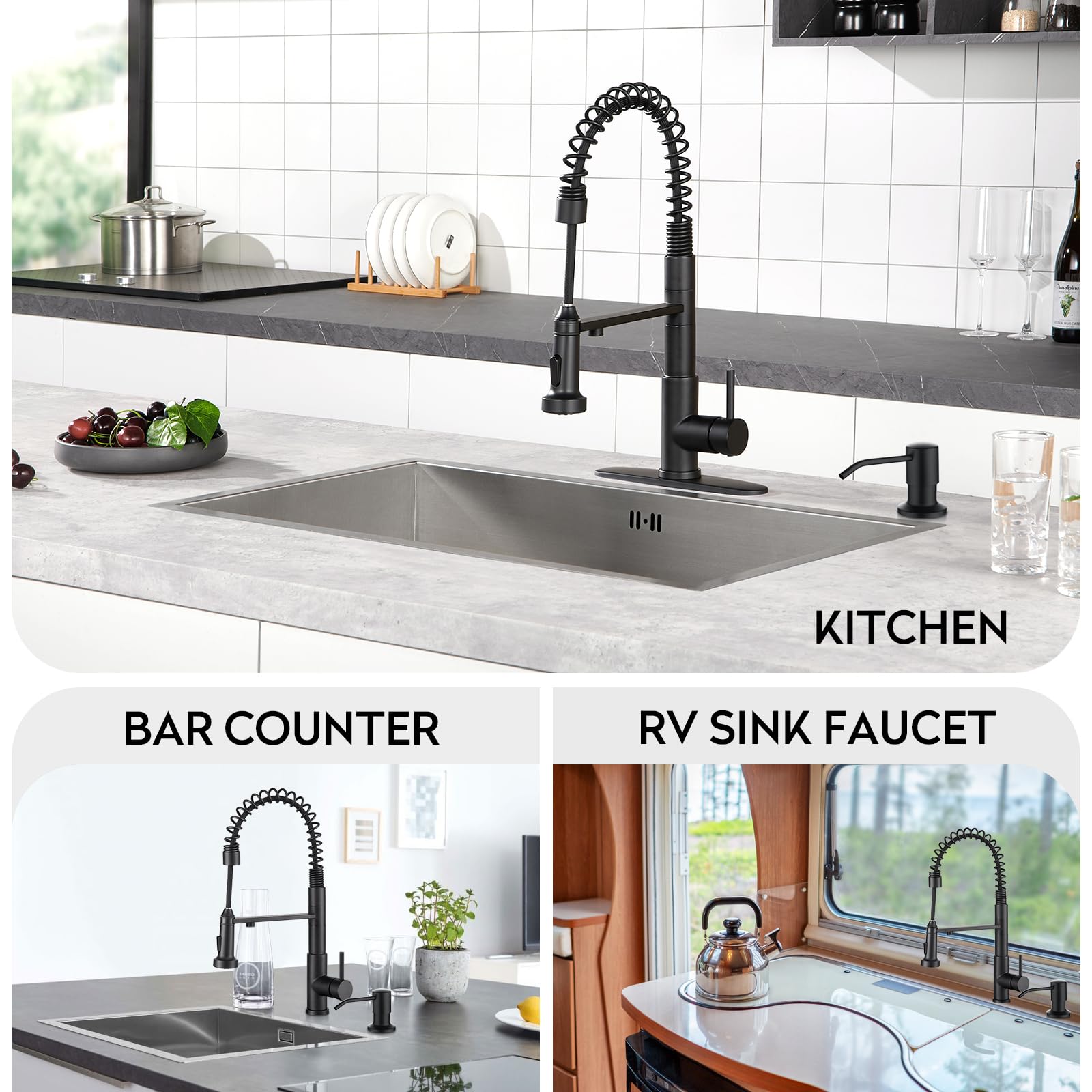 Crea Kitchen Faucets With Water Filter Faucet Buil-In,3 Way Drinking Water Faucet For Kitchen Sink,Black Kitchen Faucet With Pull Down Sprayer,Rotatable Spring Gooseneck Stainless Steel Single Handle