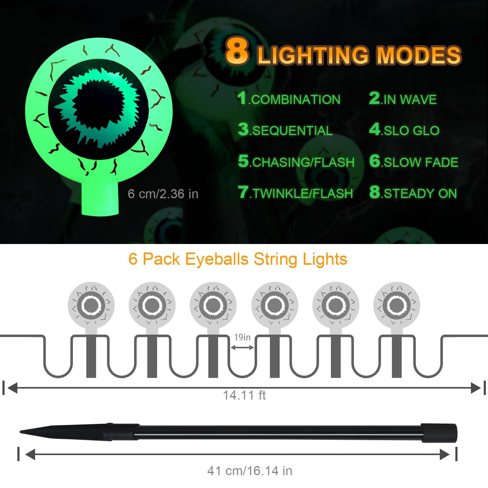 Beteray Halloween Decorations Outdoor, Solar Eyeball String Lights 6 Pack, 3D Scary White Eyeballs With Green Light 8 Lighting Modes, Ip65 Waterproof Pathway Lights For Garden Lawn Yard Decor