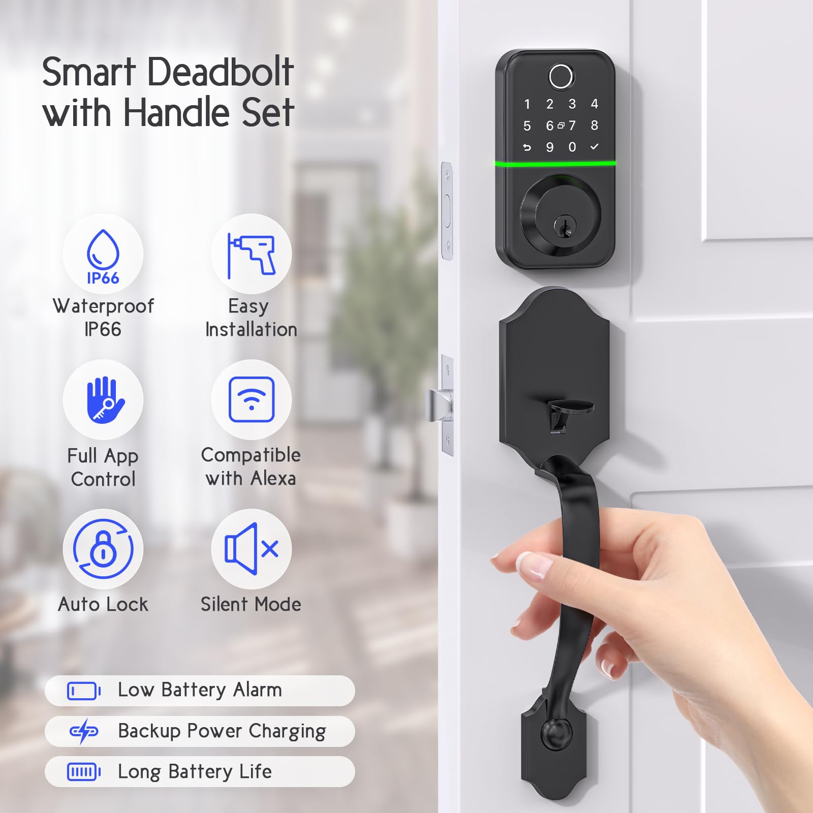 Wisegear Deadbolt Smart Lock With Handle Set: Fingerprint Keypad Smart Locks For Front Door - App Controlled Keyless Entry Door Lock With Code - Electronic Door Handle Sets - Waterproof Digital Handleset
