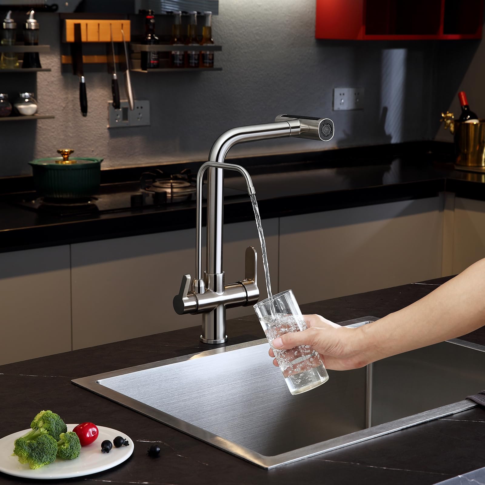 Tsibomu 3 Way Kitchen Faucet, Pull Out Kitchen Faucet With 3-Function Sprayer, Dual Handles Kitchen Sink Faucet With Water Filter Purifier Spout, Brushed Nickel
