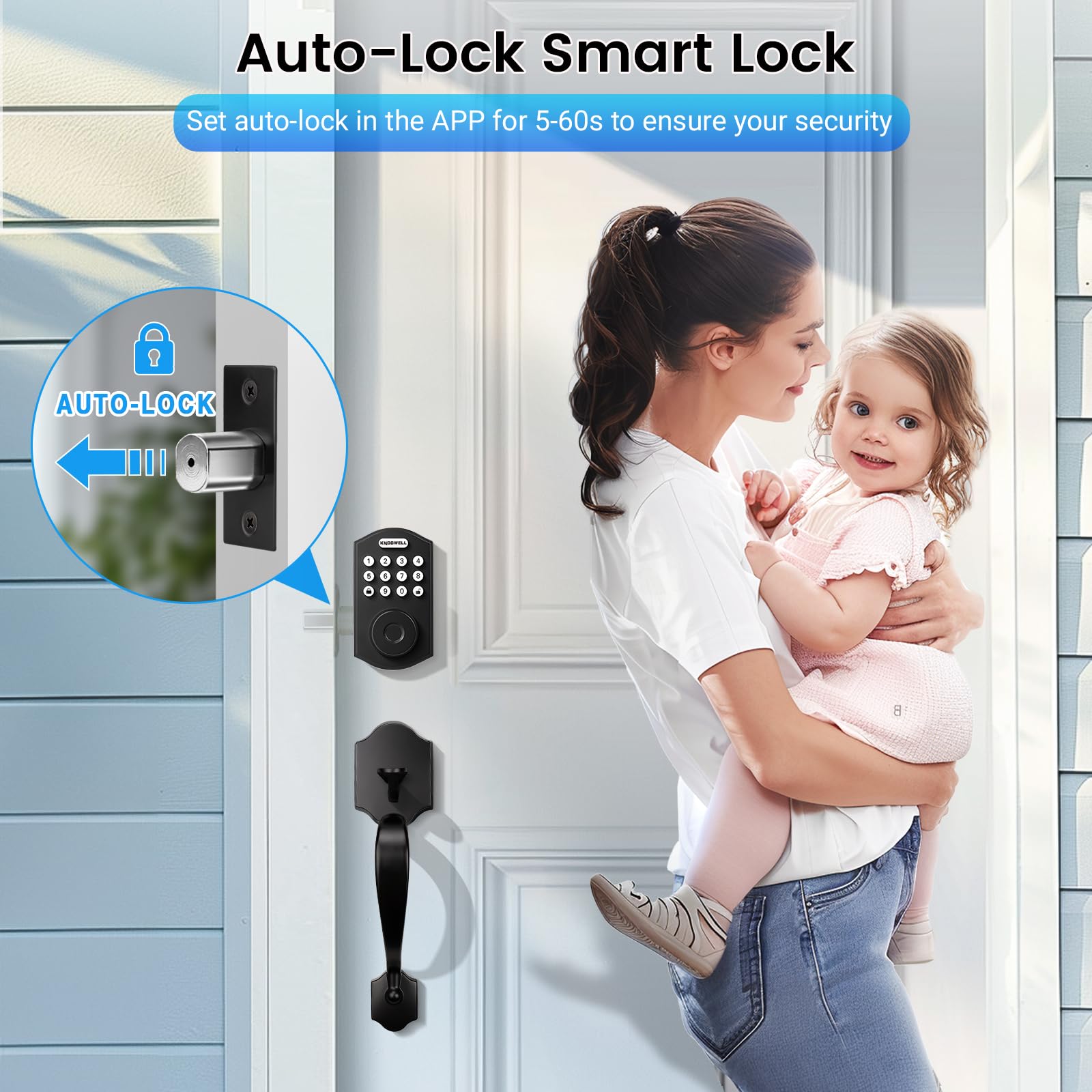 Knobwell Keyless Entry Door Lock With Handle Set,Front Door Handle Set，Password Door Lock Fingerprint & Keypad Deadbolt, Auto Lock, Matte Black