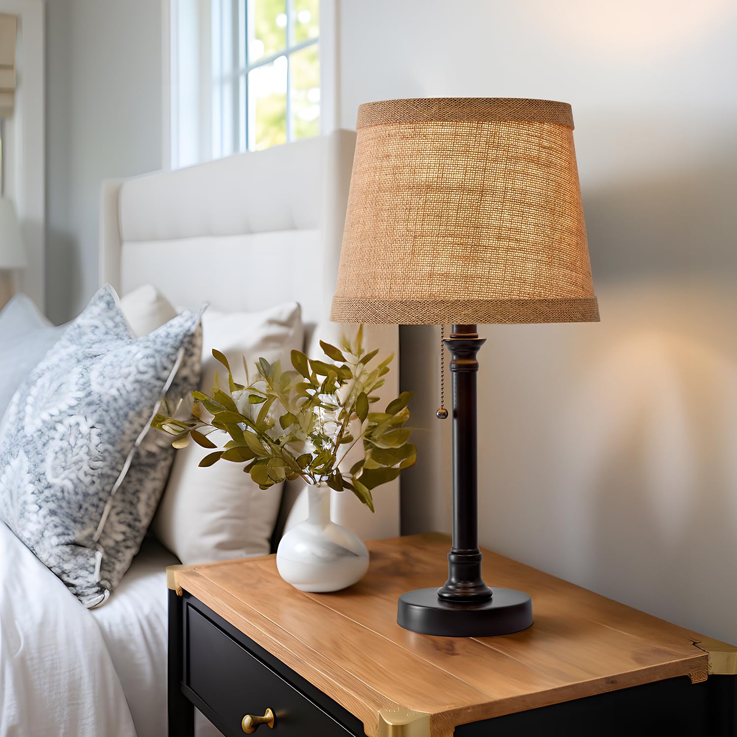 Oneach 19.5" Small Table Lamp For Bedroom - Bedside Lamps For Nightstand, Black Table Lamp For Living Room With Fabric Shade, Desk Reading Lamp For Kids Room Living Room Office Dorm