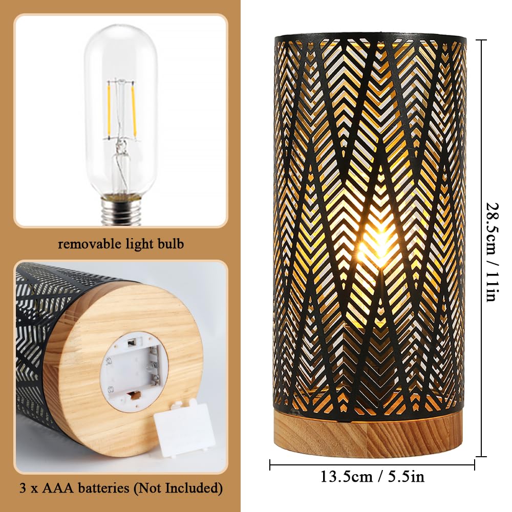 Jhy Design Metal Lamp Battery Powered 11''H Accent Cordless Decor Battery Lamp With 6-Hours Timer For Weddings Party Patio Garden Indoor Outdoor Table Balcony Christmas Decorations (With Wooden Base)